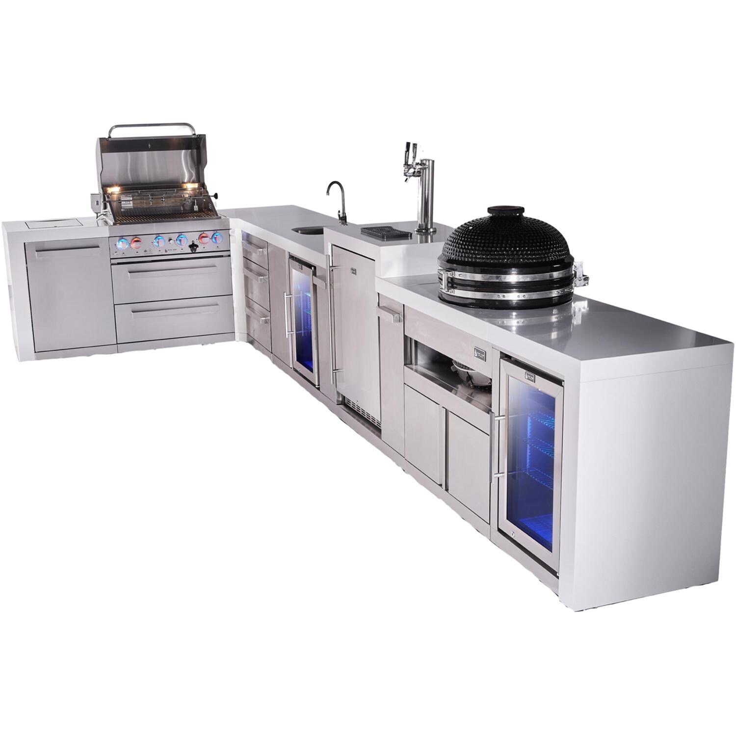 Mont Alpi Deluxe Series 13 1/2 Ft L-Shaped Natural Gas Outdoor Kitchen Island w/ 32-in Grill, Side Burner, Beverage Center, Kegerator, Fridge, Kamado Module & Extra Door (Ships Propane w/ Conversion Kit) - Grill Open - White Background thumbnail