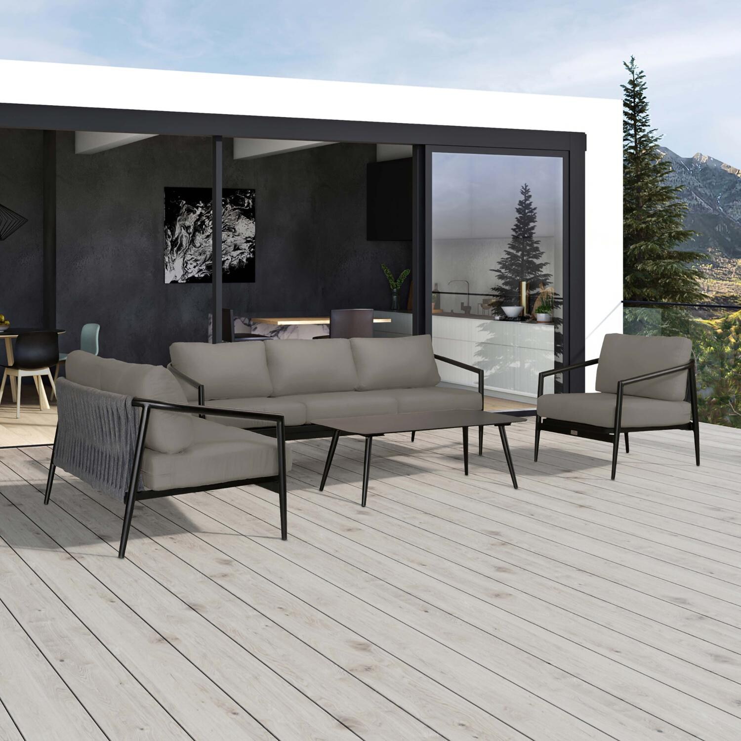 Lakeview Midnight Cove 4 Pc Aluminum Sofa Loveseat Seating Set in Black/Carbon/Canvas Charcoal - Detail - Lifestyle thumbnail