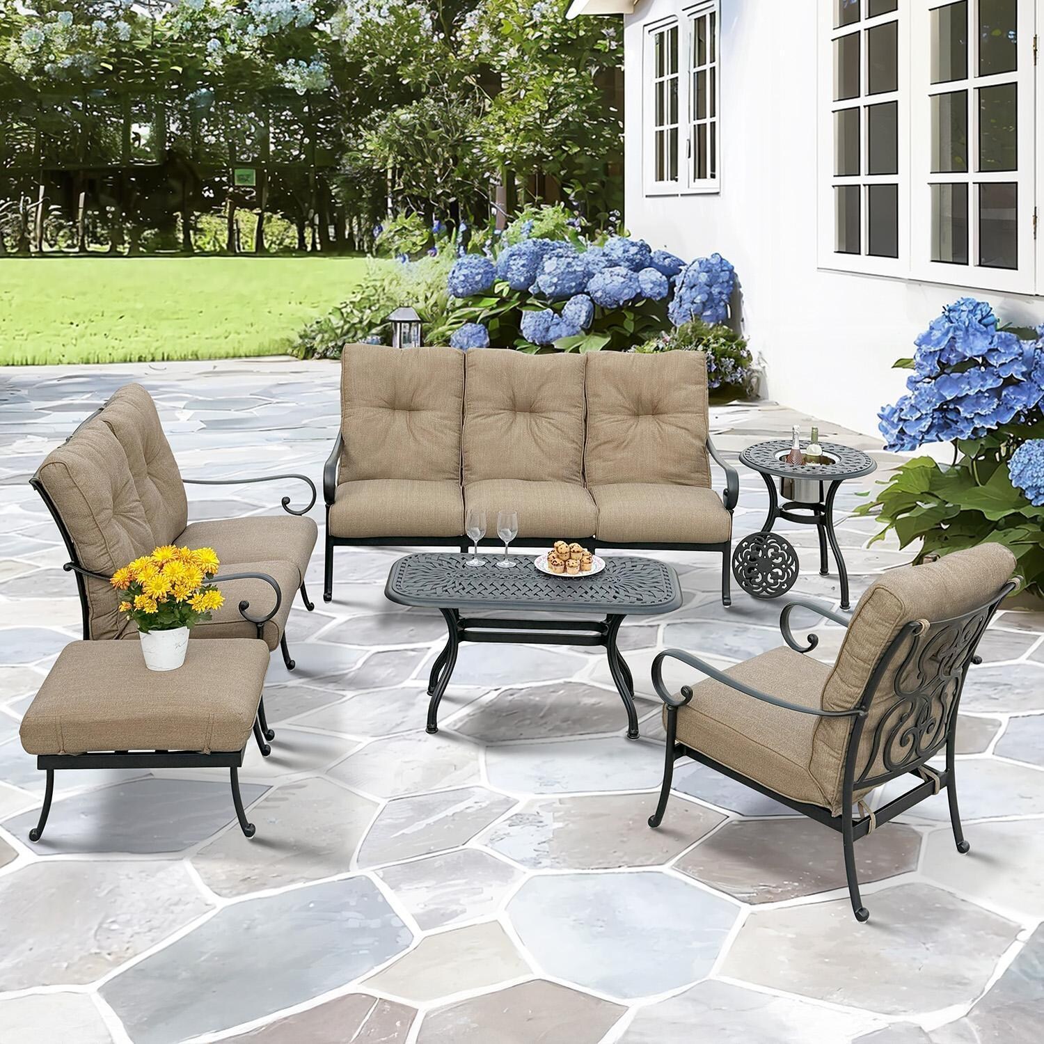 Santa Anita 6 Pc Cast Aluminum Seating Set w/ Series 60 Tables & Ice Bucket Insert in Antique Bronze/Heather Beige Sunbrella by Darlee