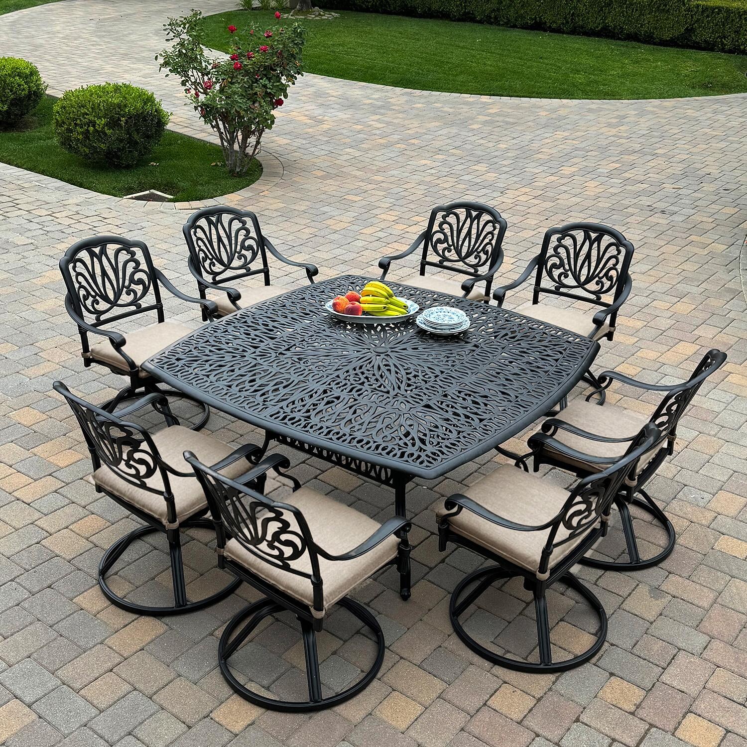 Darlee Elisabeth 9-Pc Dining Set w/ 64-Inch Table & Swivel Rockers in Antique Bronze/Beige - Full Set - Lifestyle thumbnail
