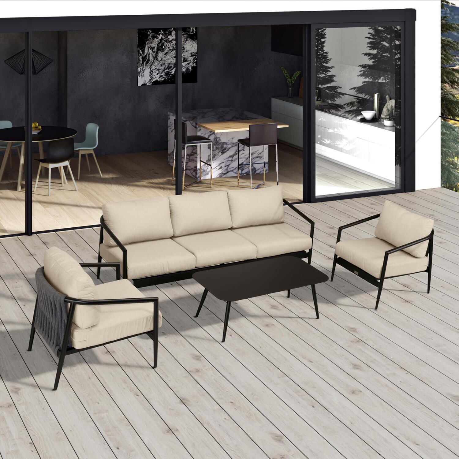 Lakeview Midnight Cove 4 Pc Aluminum Sofa Seating Set in Black/Carbon/Canvas Flax - Top - Lifestyle thumbnail