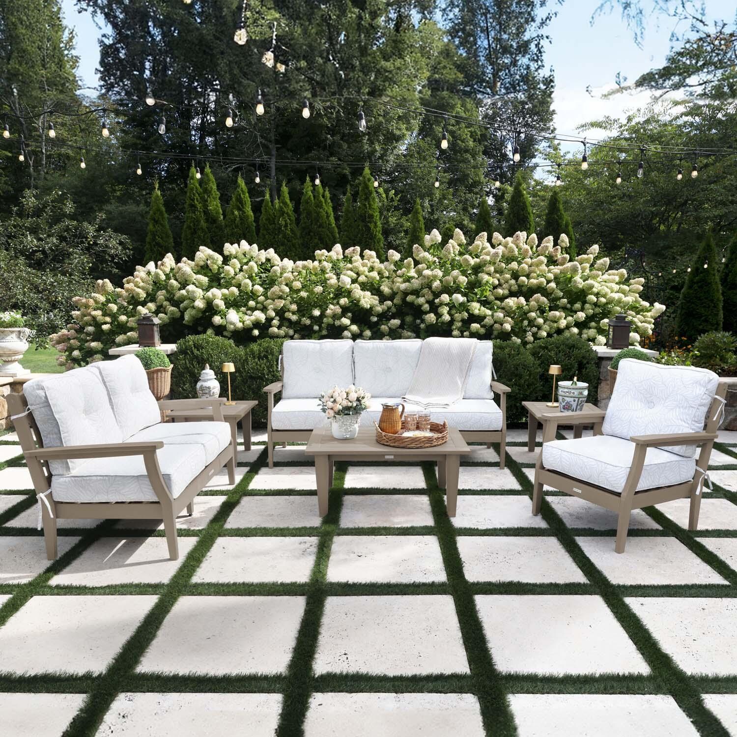 Blushing Bay 6 Pc Recycled Plastic Grand Seating Set in Lively Parchment/Woodland Brown by Lakeview Outdoor Designs