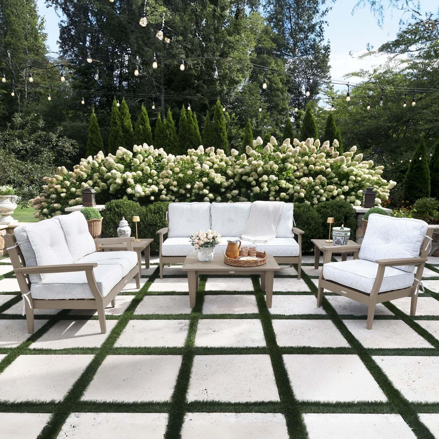 Blushing Bay 6 Pc Recycled Plastic Grand Seating Set in Lively Parchment/Woodland Brown by Lakeview Outdoor Designs