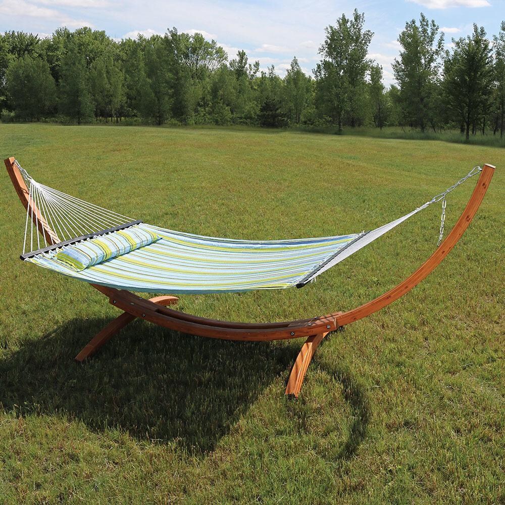 Ultimate Patio Quilted Double Hammock w/ Stand - Blue & Green - Lifestyle View thumbnail