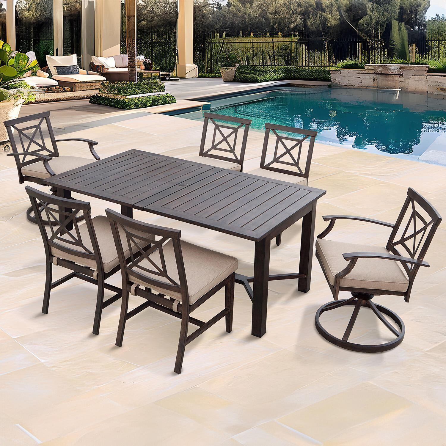 Atlantis 9 Pc Aluminum Dining Set w/ 91 Inch Table, Swivel Rockers, and Beige Cushions in Walnut By Darlee - Table Not Extended - Lifestyle thumbnail