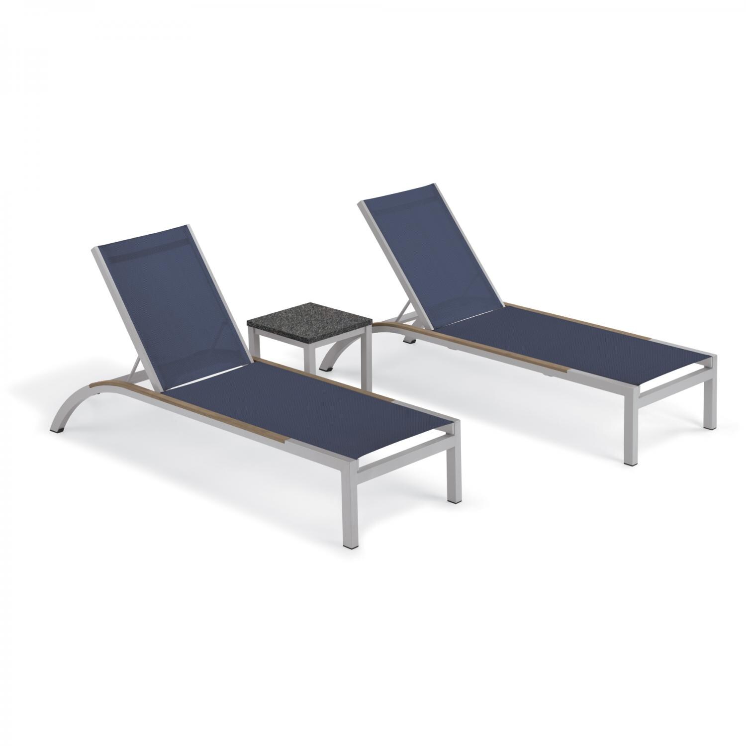 Argento 3 Piece Aluminum Patio Chaise Lounge Set W/ Tekwood Vintage Side Rails & Lite-Core Charcoal End Table By Oxford Garden - Ink Pen Sling