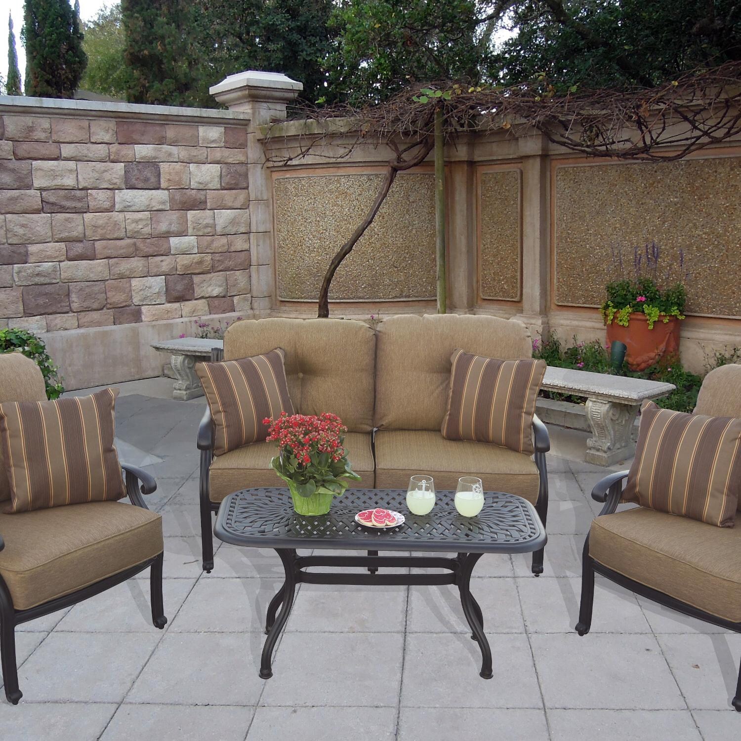 Nassau 4 Piece Cast Aluminum Patio Conversation Set W/ Sesame Cushions & Paprika Striped Throw Pillows By Darlee image