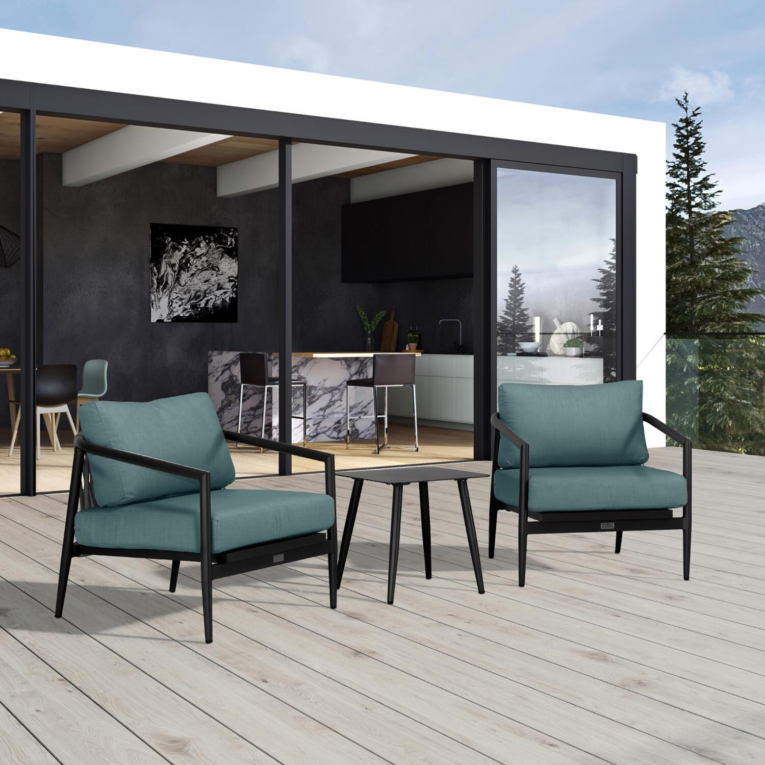 Lakeview Midnight Cove 3 Pc Aluminum Club Chair Seating Set in Black/Carbon/Cast Lagoon - Detail - Lifestyle thumbnail