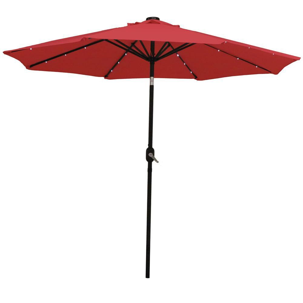 Ultimate Patio 9 Ft. Solar Lighted Octagonal Aluminum Patio Market Umbrella W/ Crank & Tilt - Black Frame & Red Polyester Canopy