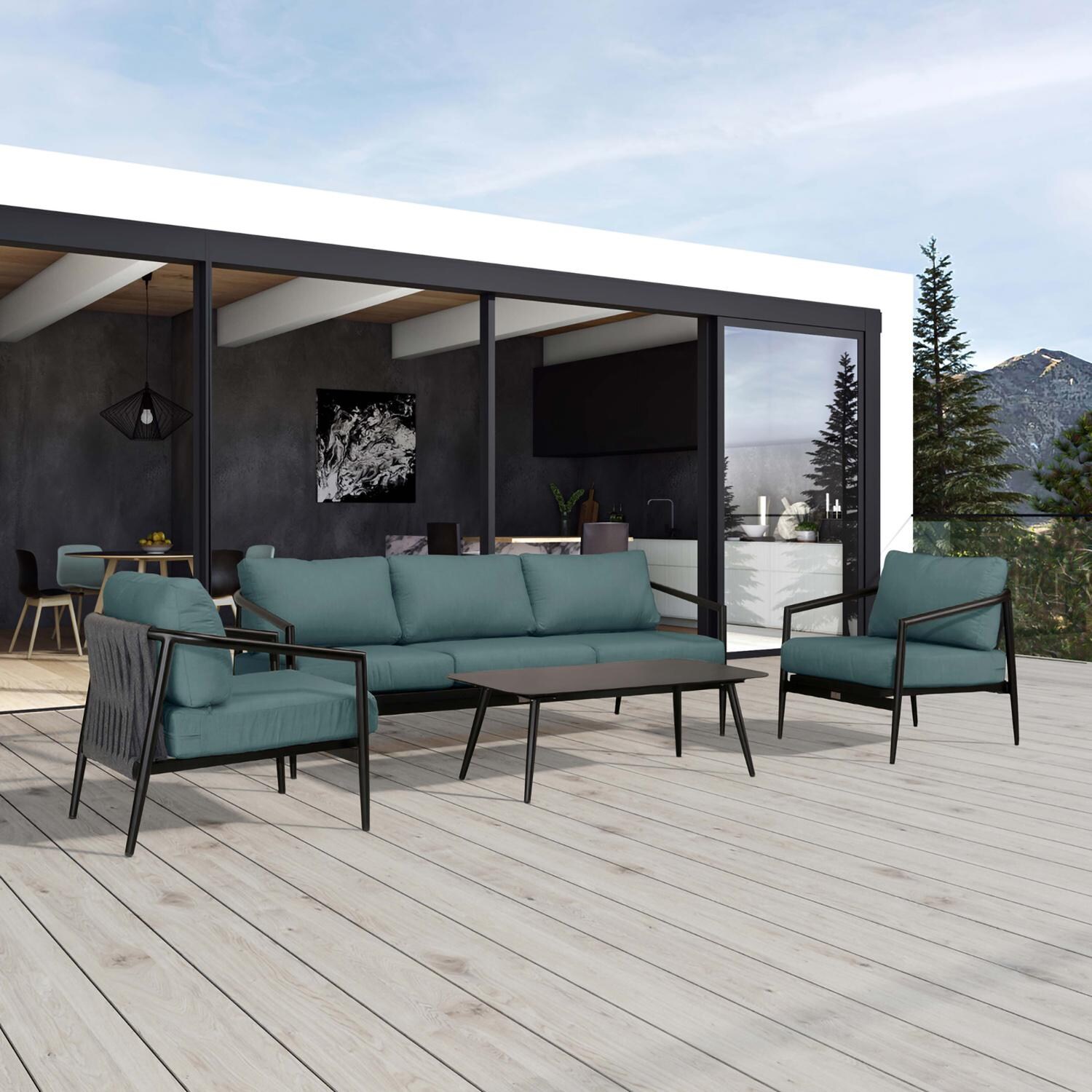 Lakeview Midnight Cove 4 Pc Aluminum Sofa Seating Set in Black/Carbon/Cast Lagoon - Detail - Lifestyle thumbnail