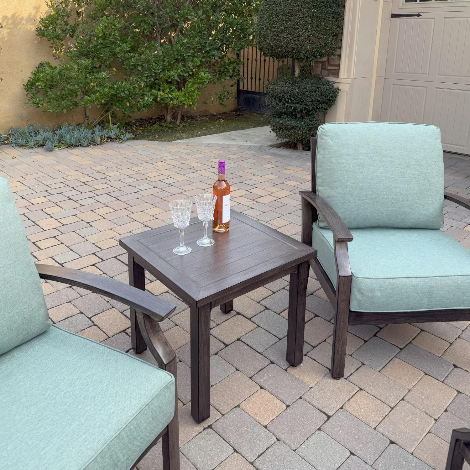 Atlantis 5 Pc Aluminum Seating Set w/ 2 Club Chairs & 2 Ottomans in Walnut/Spa by Darlee - Table Close-up - Lifestyle thumbnail