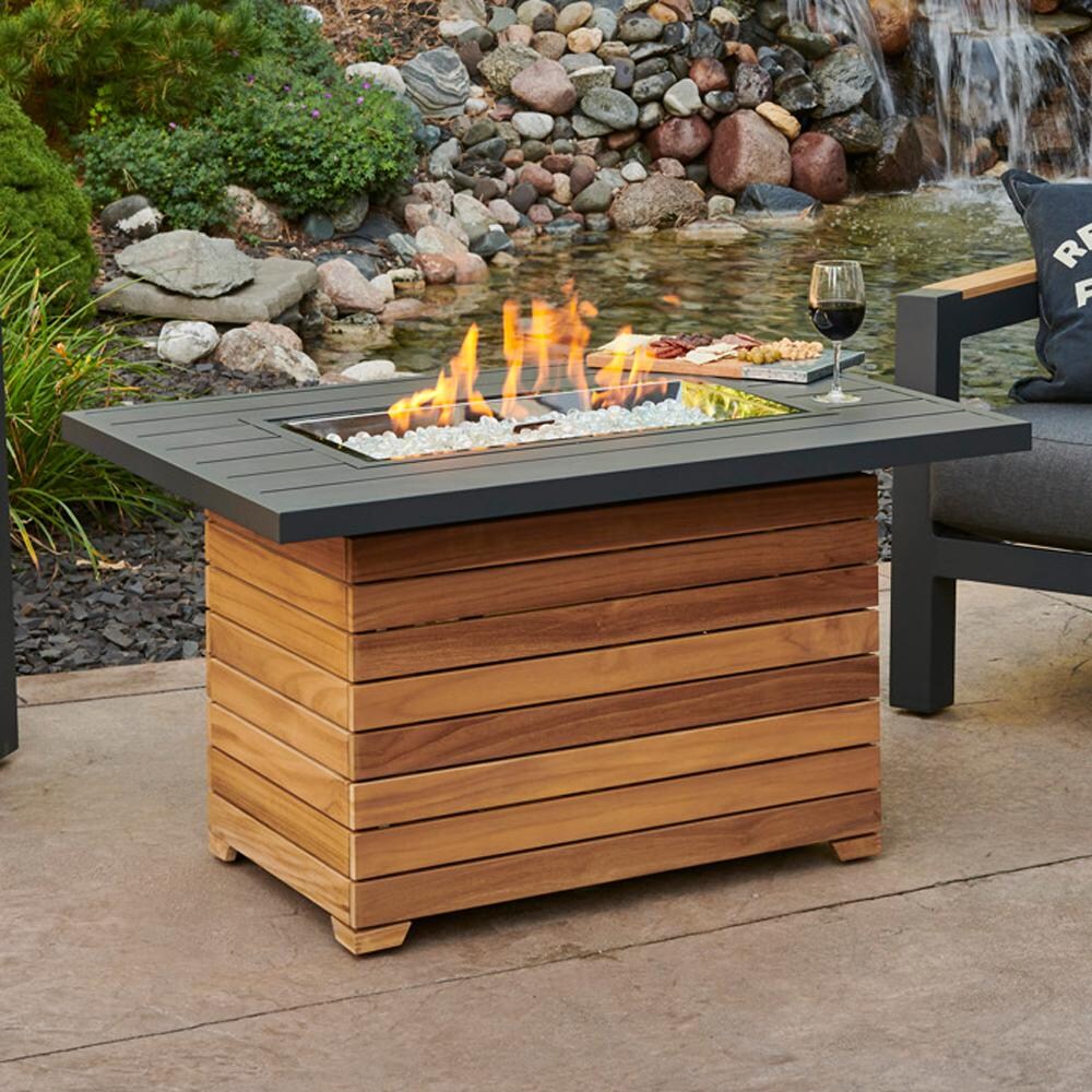 Darien 42 Inch Rectangular Teak Natural Gas Fire Pit Table in Gray by The Outdoor GreatRoom Company