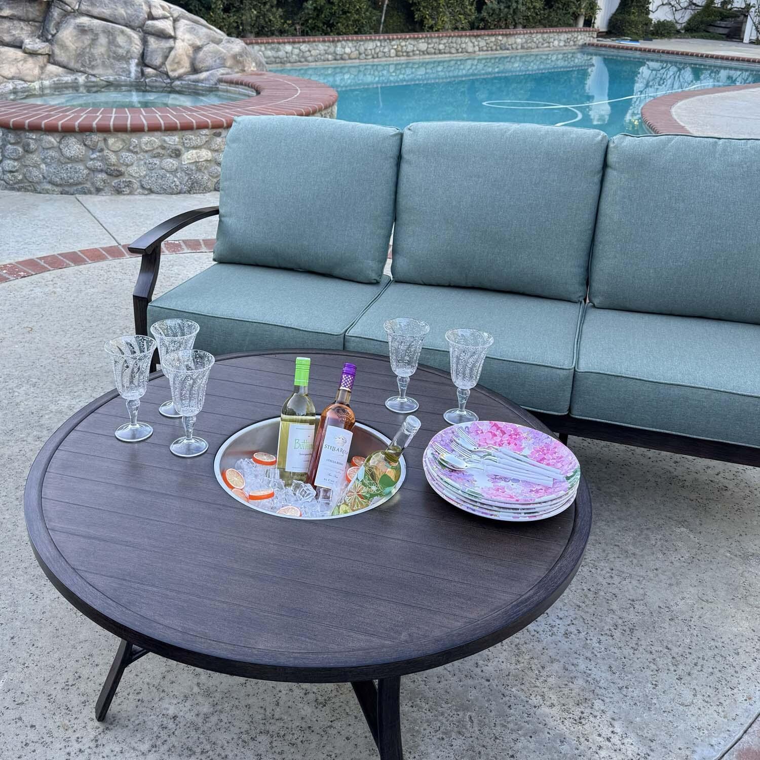 Atlantis 4 Pc Aluminum Seating Set w/ Round Ice Bucket Chat Table in Walnut/Spa by Darlee - Close Up - Lifestyle thumbnail