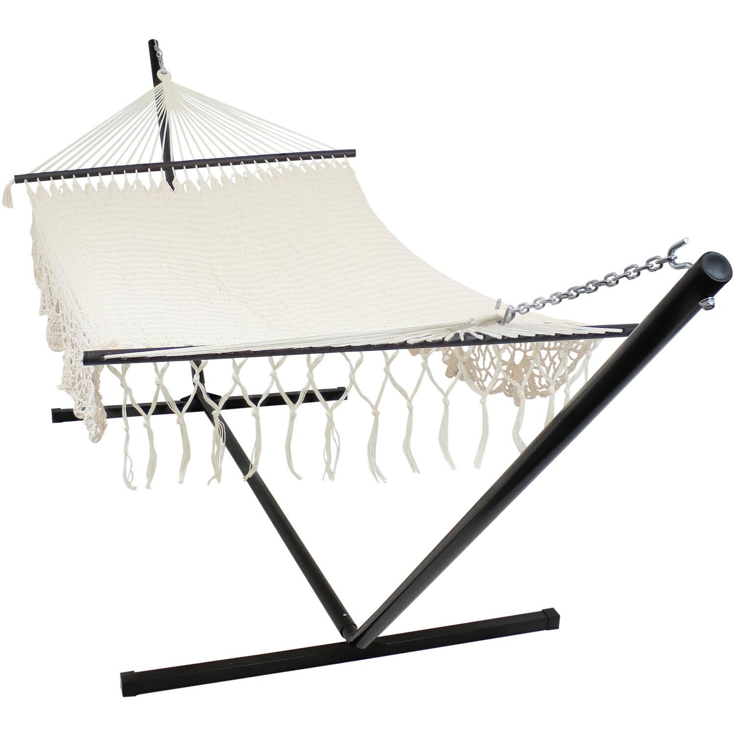 Sunnydaze Decor Deluxe American-Style Hammock w/ Spreader Bars & 15-Foot Black Stand - Natural - HM-AND-COMBO image
