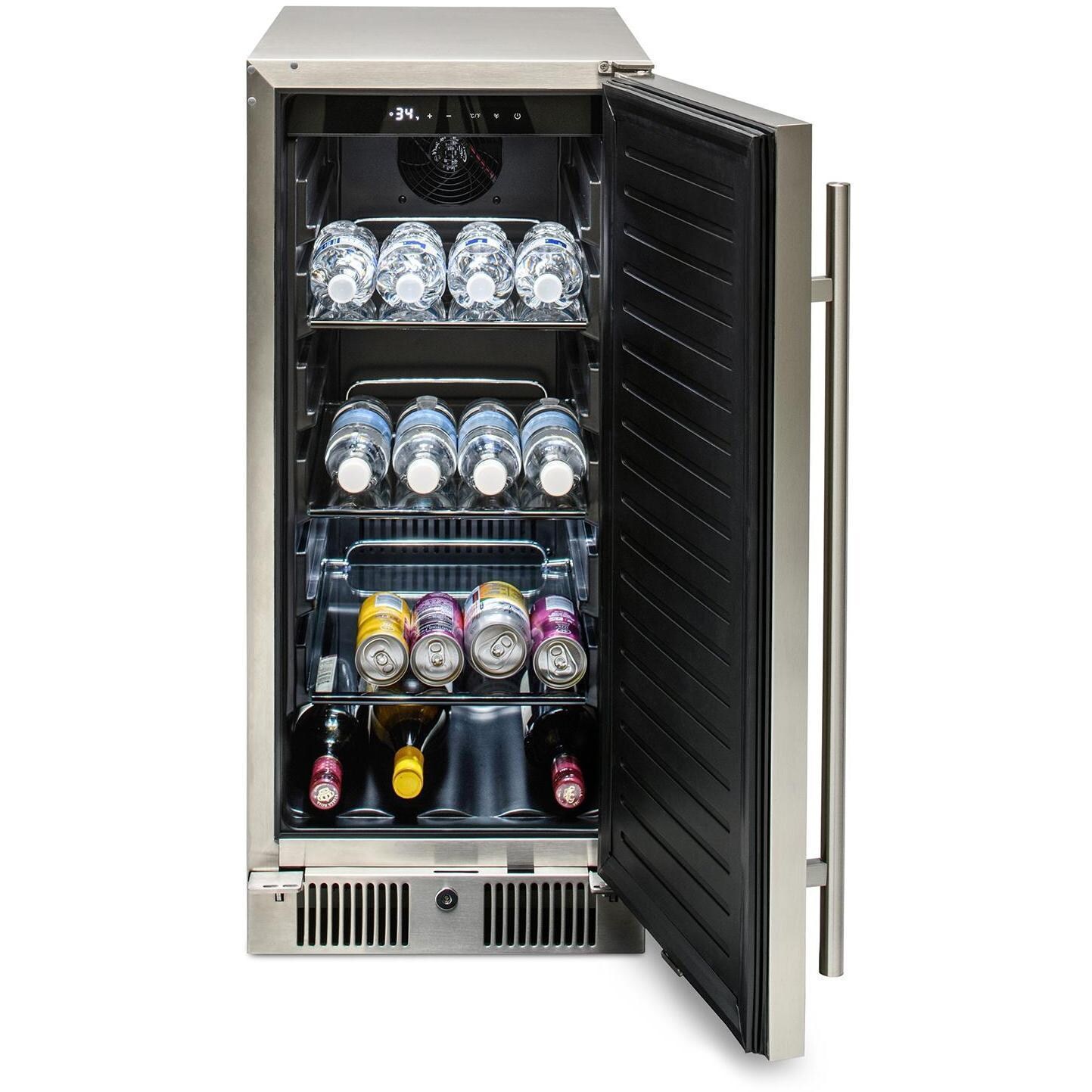 Blaze BLZ-SSRF-15 15-in 3.2 Cu. Ft. Outdoor Rated Compact Refrigerator - Door Open w/ Drinks - White Background thumbnail