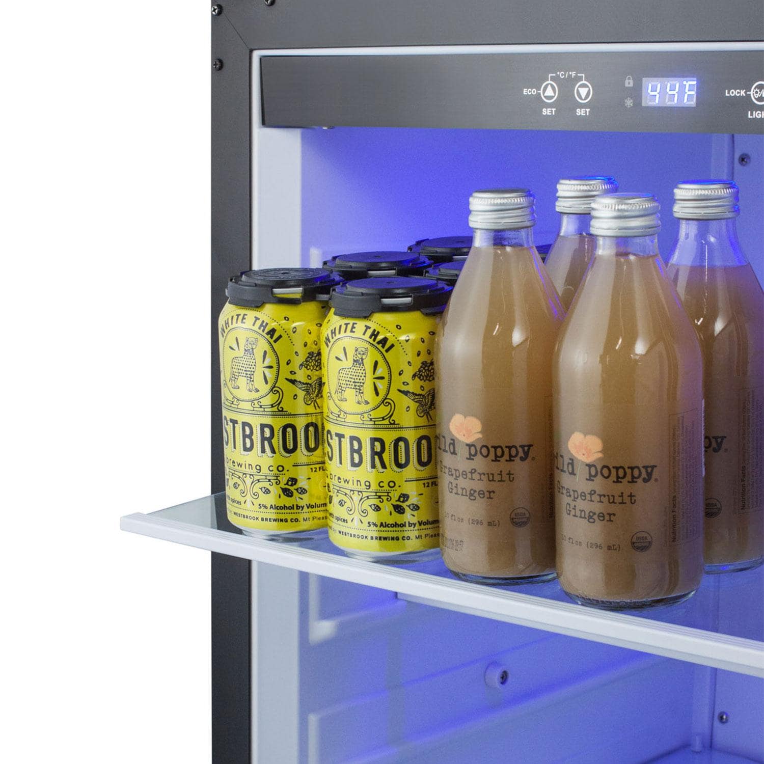 Summit SPR623OS 24 Inch 4.6 Cu. Ft. Outdoor Black Refrigerator - Close Up View of Beverages  - White Background thumbnail