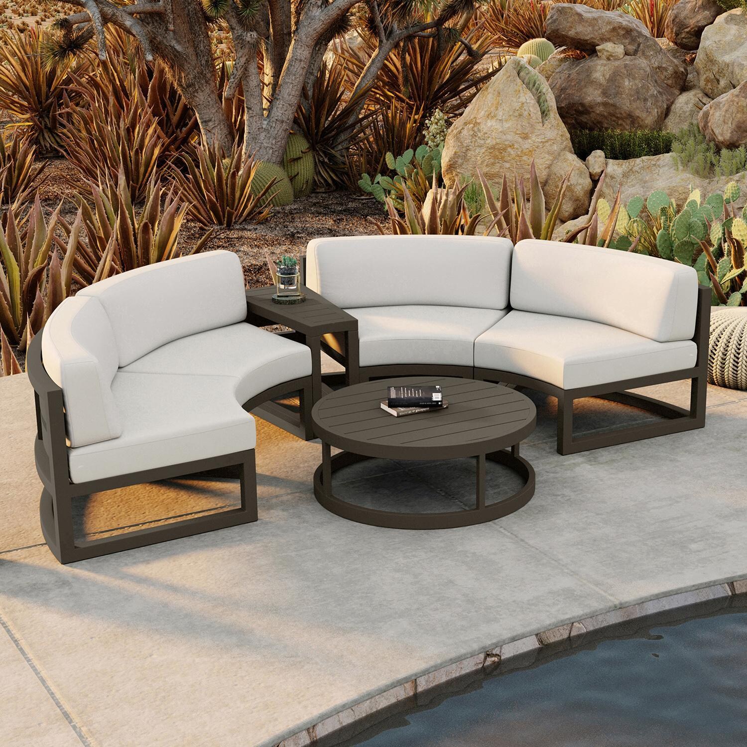 Misty Cove 4 Piece Curve Sectional Set in Slate w/Coffee Table & Canvas Natural Cushions by Lakeview - By Pool - Lifestyle thumbnail