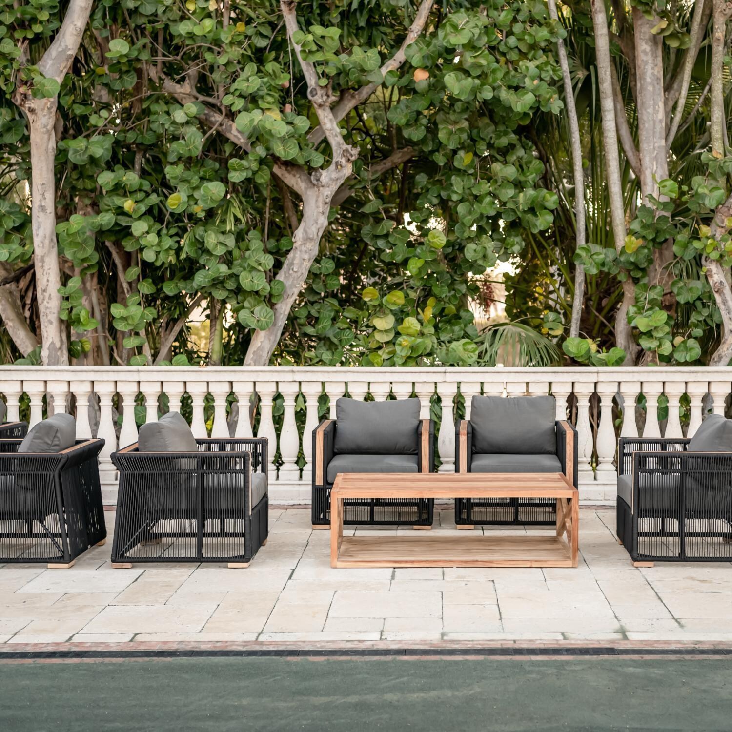 Teak + Table Breeze Olefin Rope & Teak Patio Club Chair in Charcoal/Carbon - Landscape View (Table not included) - Lifestyle thumbnail