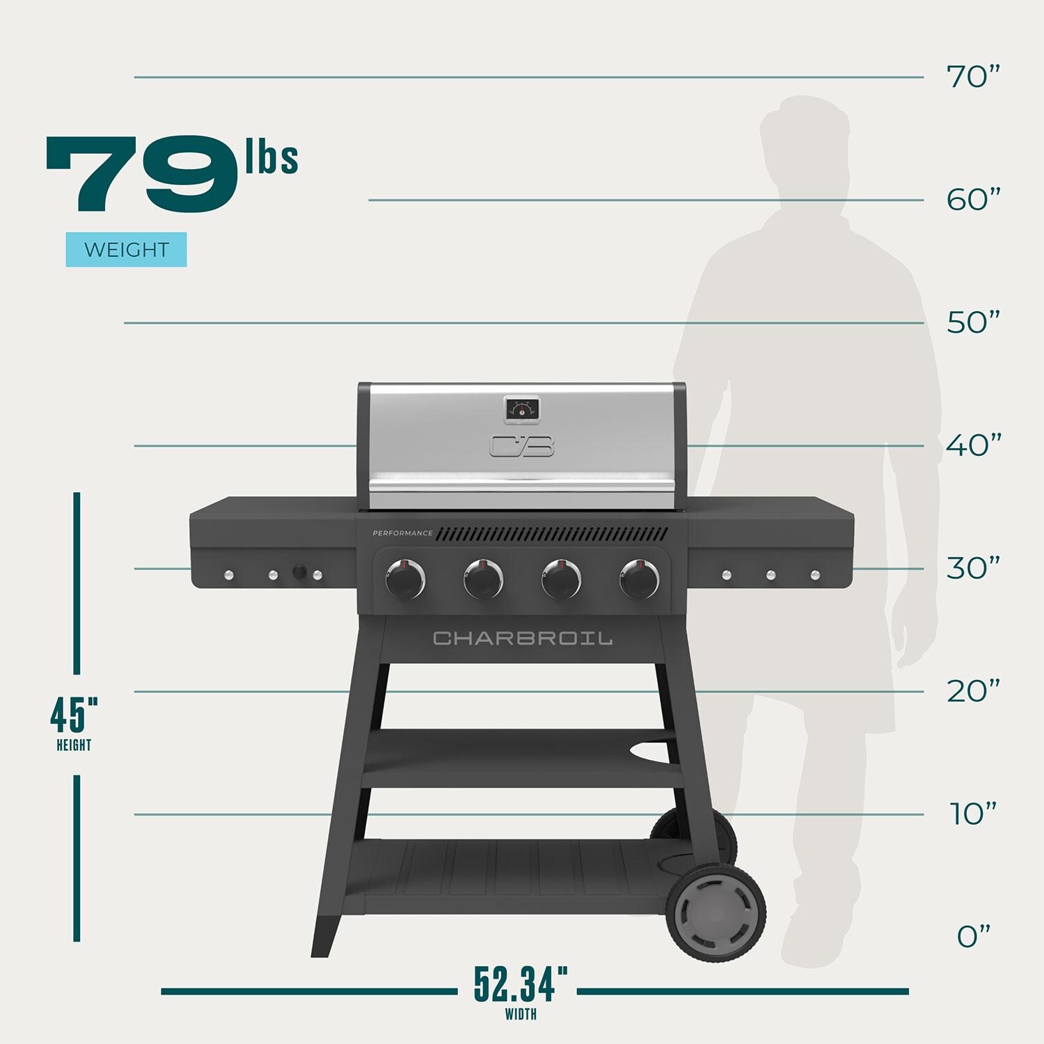 Charbroil 463349025 Performance Series 4-Burner Propane Grill A-Frame Cart - Grey & Stainless Steel - Dimensional thumbnail