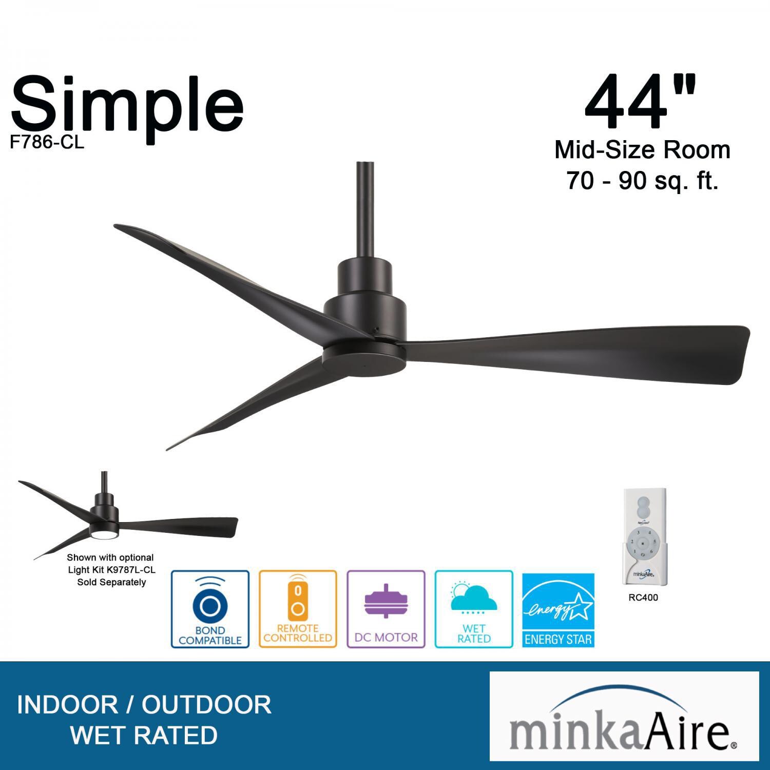 Minka-Aire F786-CL Simple 44-Inch 3-Blade Ceiling Fan in Coal Finish w/ Coal Blades - Overview thumbnail