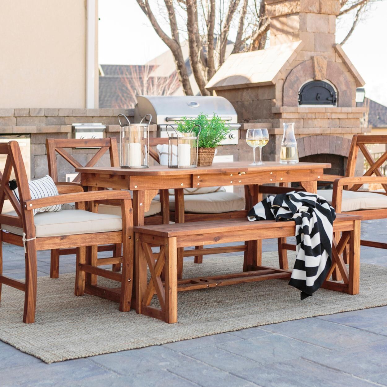 Walker Edison 6 Piece Acacia Patio Dining Set W/ 55-79 X 35 Inch Extension Rectangular Table - Brown image