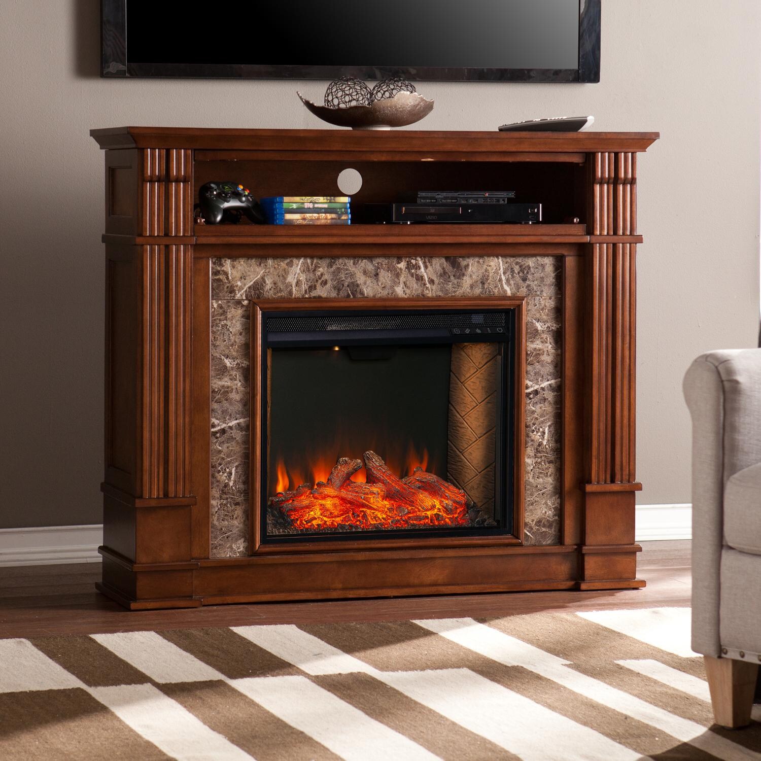 Southern Enterprises FS9321 Highgate 48-Inch Electric Fireplace W/ Alexa-Enabled Smart Firebox - Whiskey Maple - Media Shelf Open thumbnail