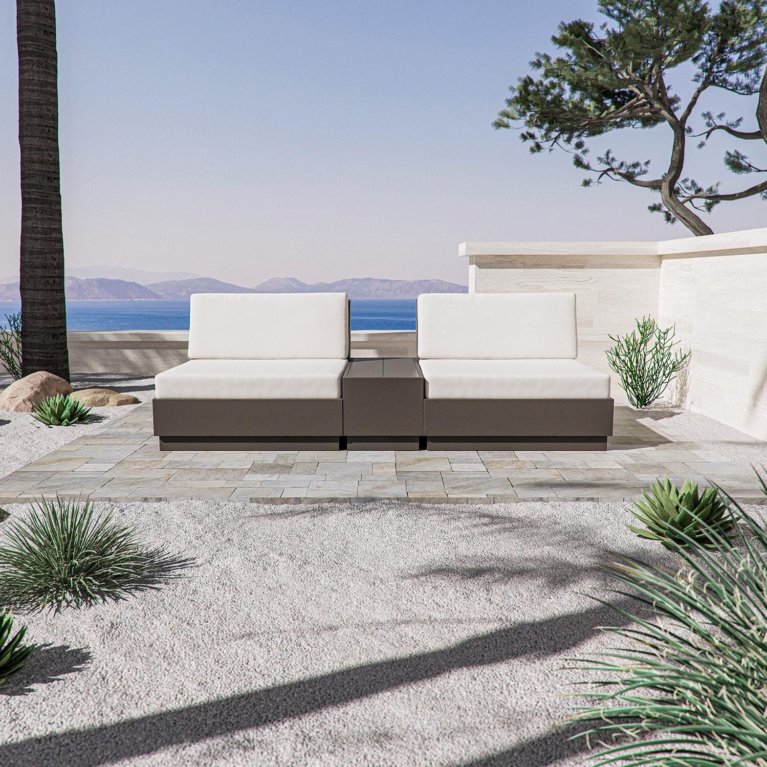 Elevate 3 Pc Recycled Plastic Club Chair Seating Set in Vintage Sahara/Weathered Tweed By PW Designer Series - Shown in Vintage Coffee/Natural Linen Finish - Lifestyle thumbnail