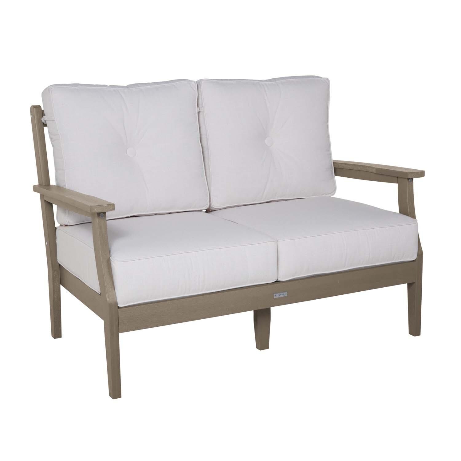 Blushing Bay 2 Person Recycled Plastic Loveseat in Bliss Linen/Woodland Brown by Lakeview Outdoor Designs - Left Angled - White Background thumbnail