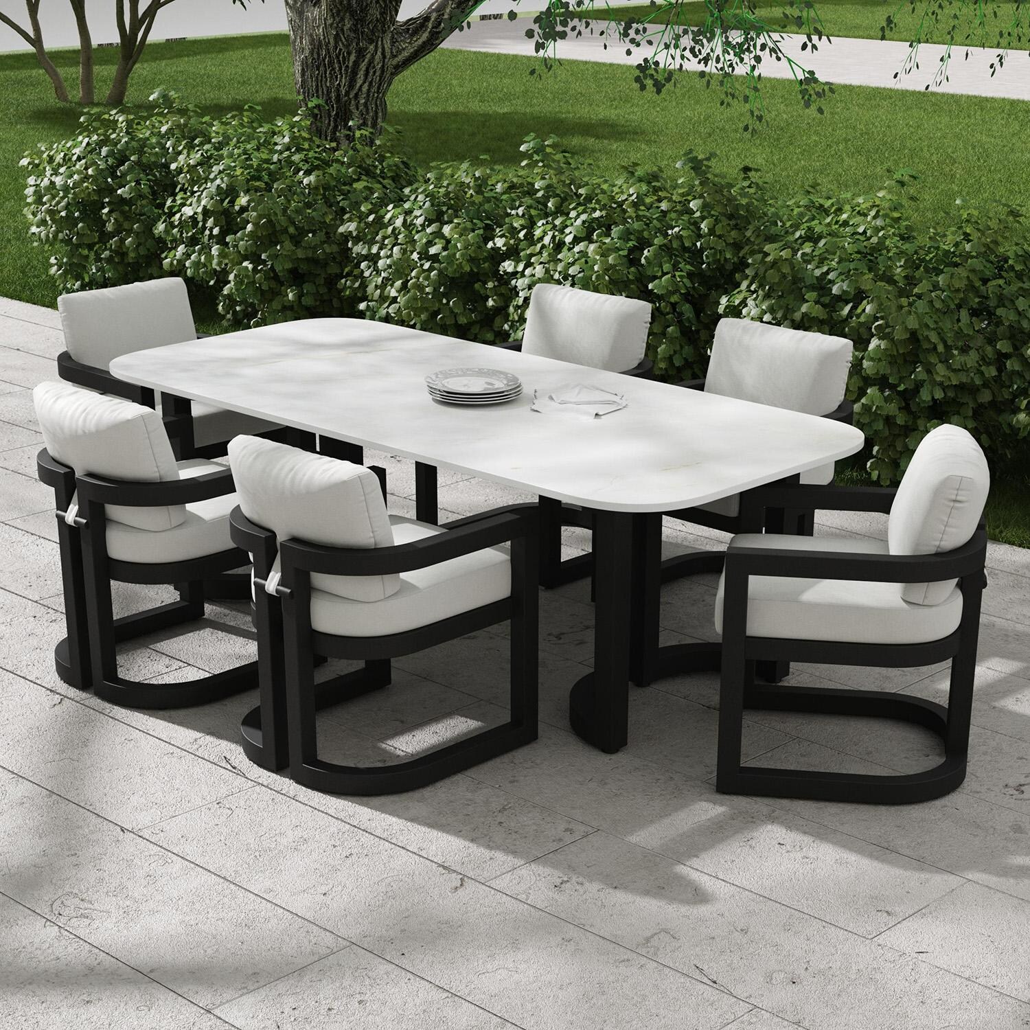Malibu 96 Inch Black Aluminum Dining Table by Sunset West - On Patio - Lifestyle thumbnail