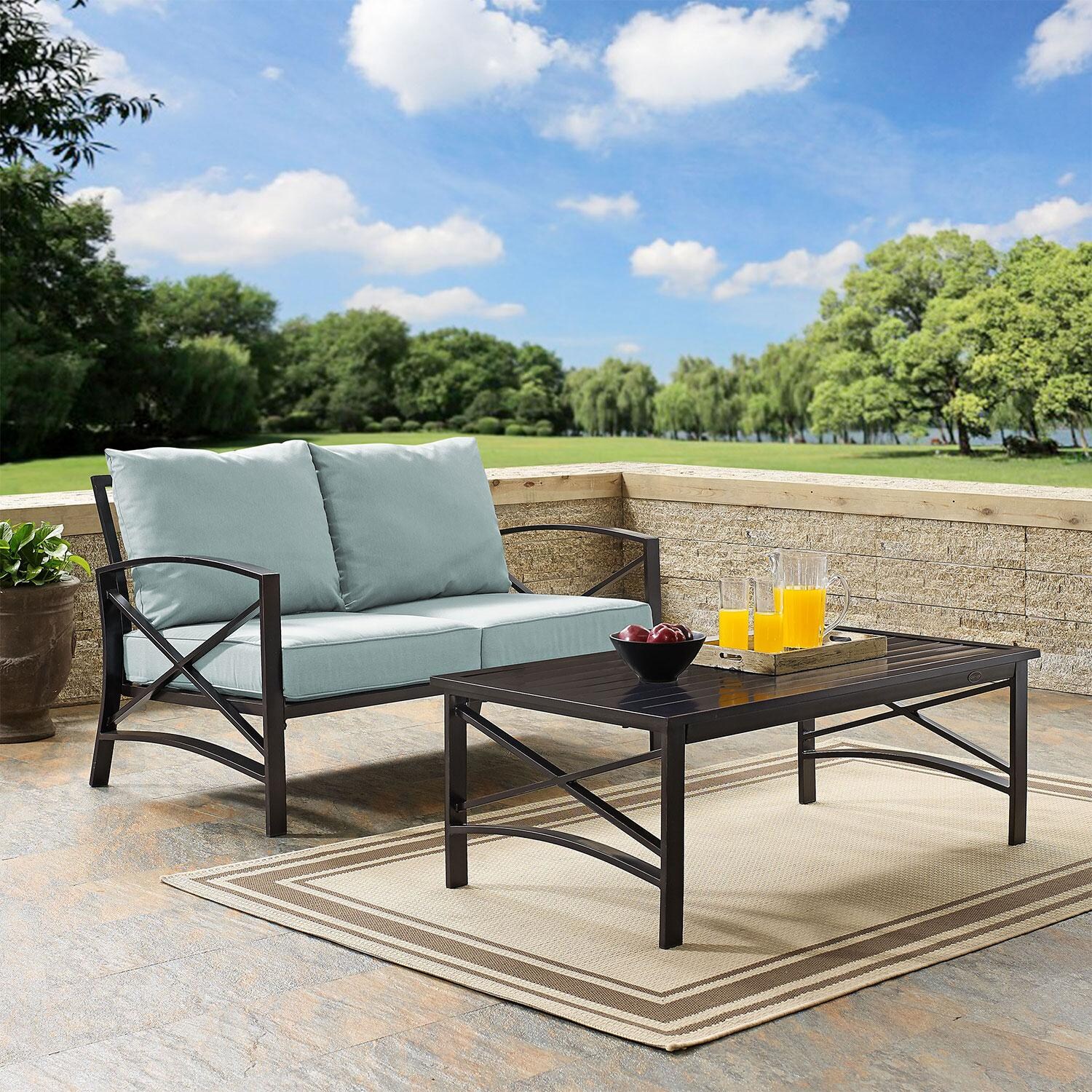 Ultimate Patio UP-82243BZ-MI 2Pc Outdoor Loveseat Patio Furniture Set in Mist - Different Angle - Lifestyle thumbnail