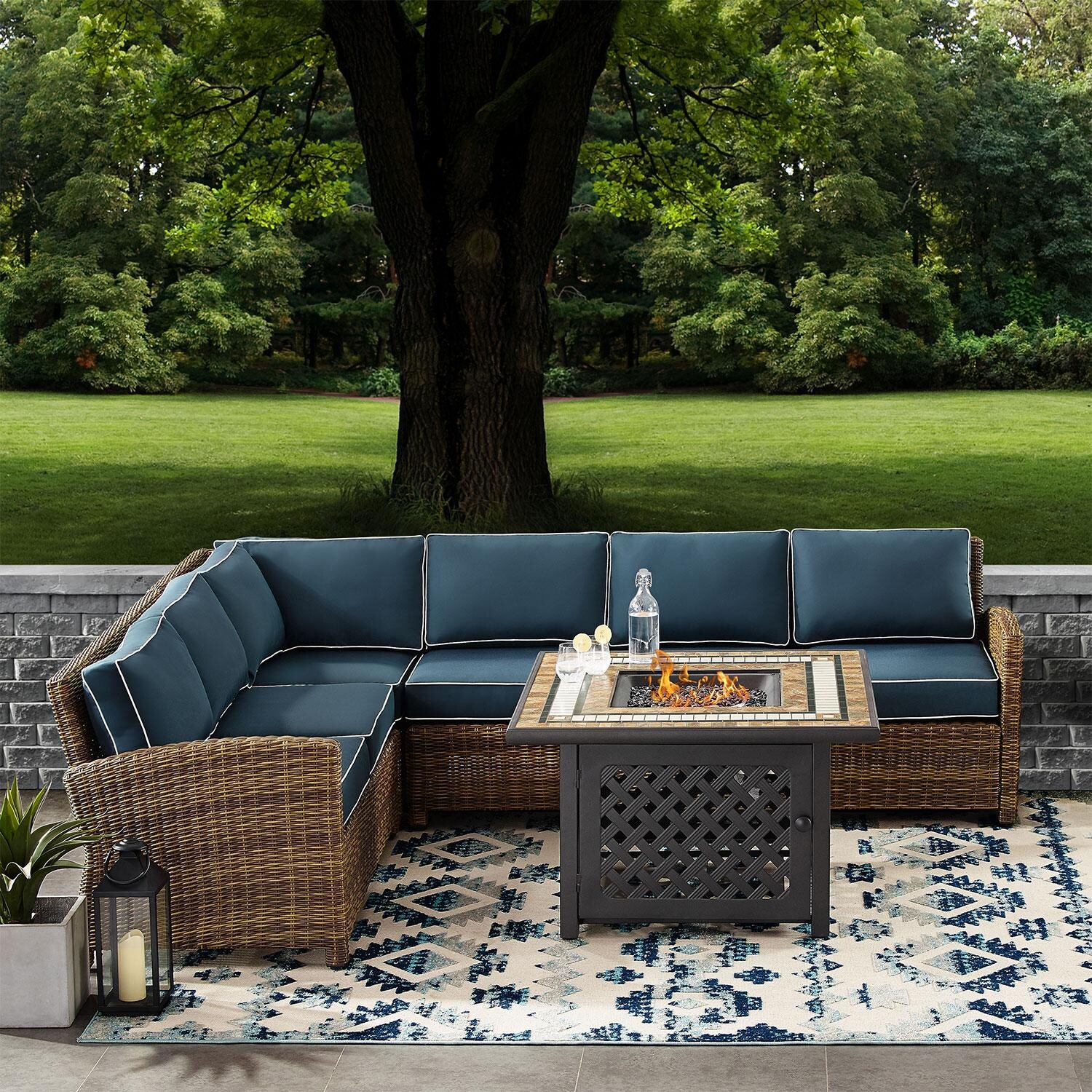 Ultimate Patio UP-92391-NV 5Pc Wicker Outdoor Sectional Set W/ Fire Table in Navy - On Patio W/ Fire Table On - Lifestyle thumbnail