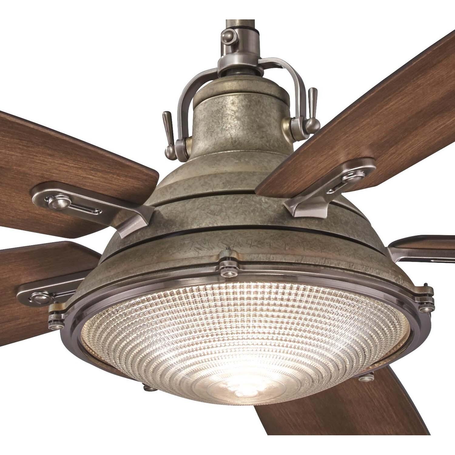 Minka-Aire F681L-WA/PW Groton 56-Inch 5-Blade LED Ceiling Fan in Weathered Aluminum & Pewter Finish w/ Dark Pine Blades & Clear Fresnel Lens - Close Up thumbnail