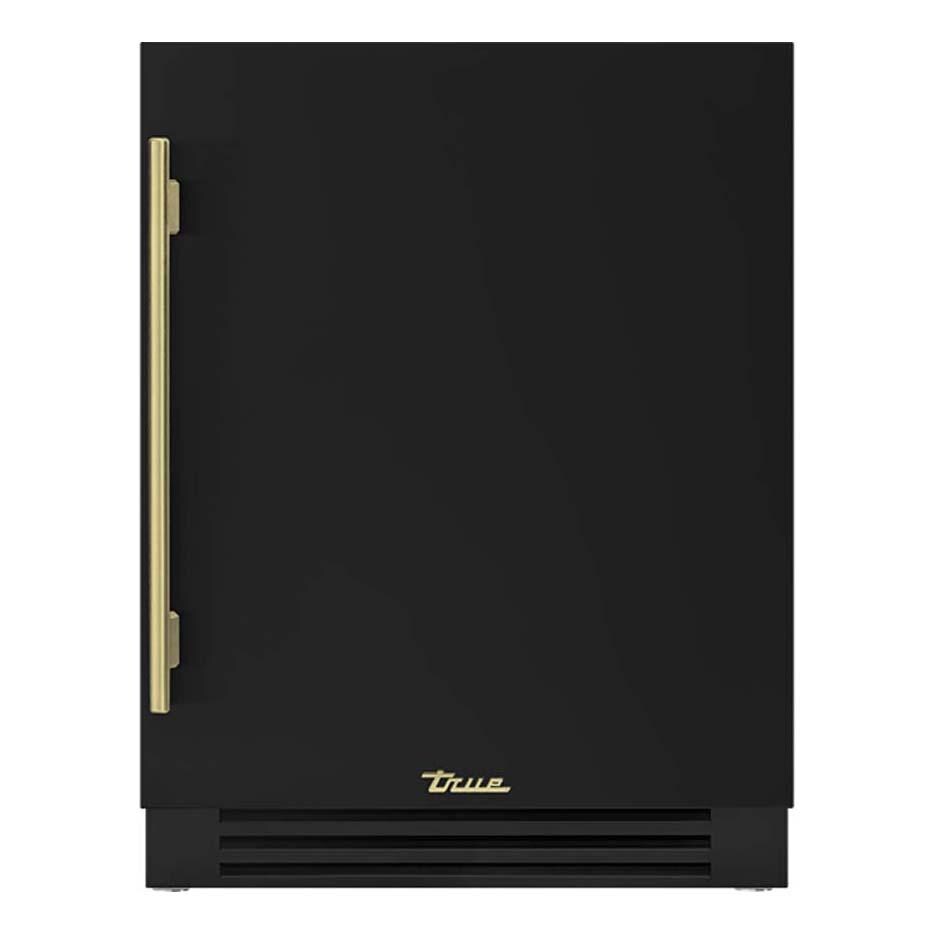 True TUWADA-24-RS-A~027-H01 ADA Height 24 Inch 40 Bottle Right Hinge Outdoor Wine Cabinet - Matte Black w/ Brass Handle - White Background thumbnail