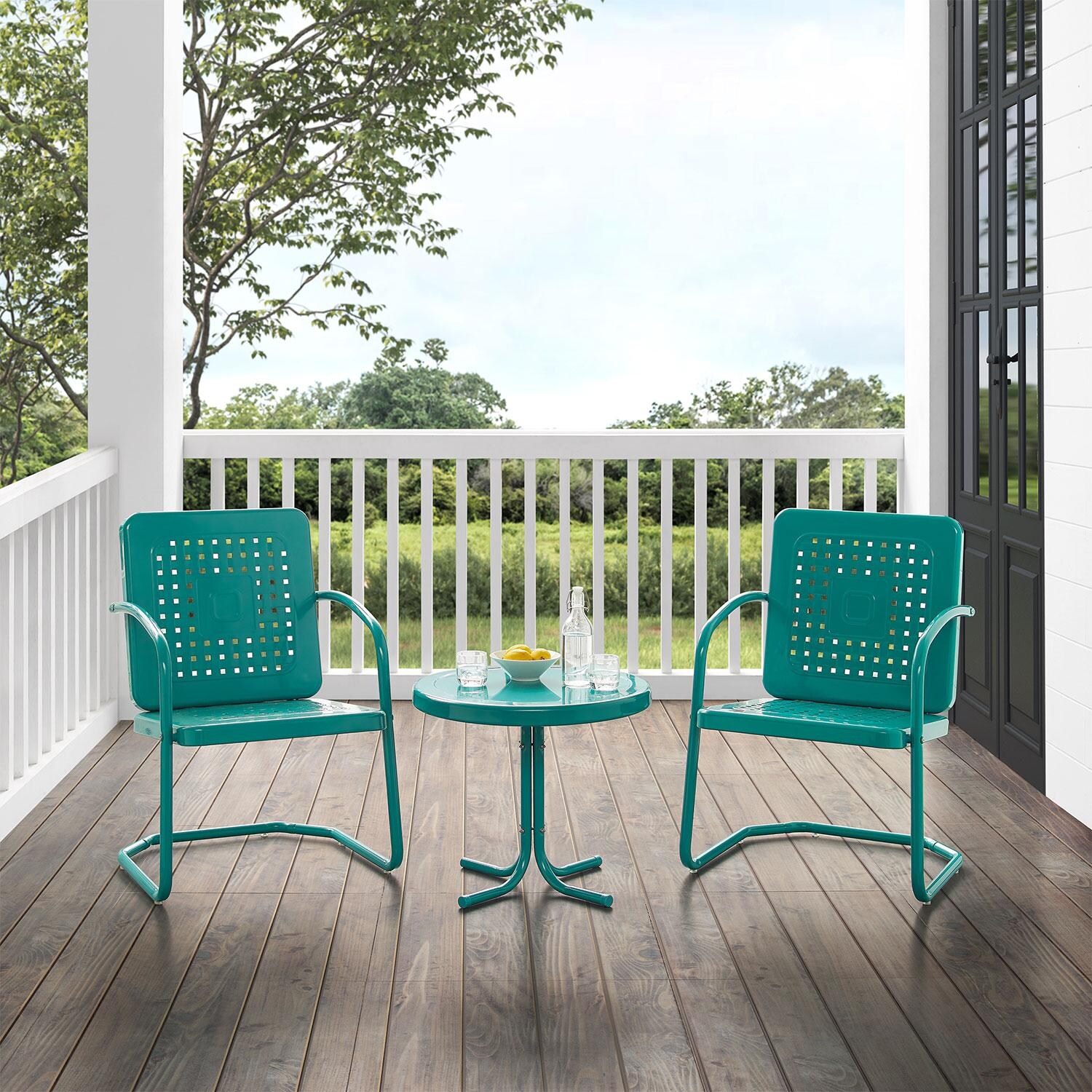 Ultimate Patio UP-32252TU 3Pc Retro Outdoor Chair Set in Turquoise W/ Turquoise Gloss Table - On Porch - Lifestyle thumbnail