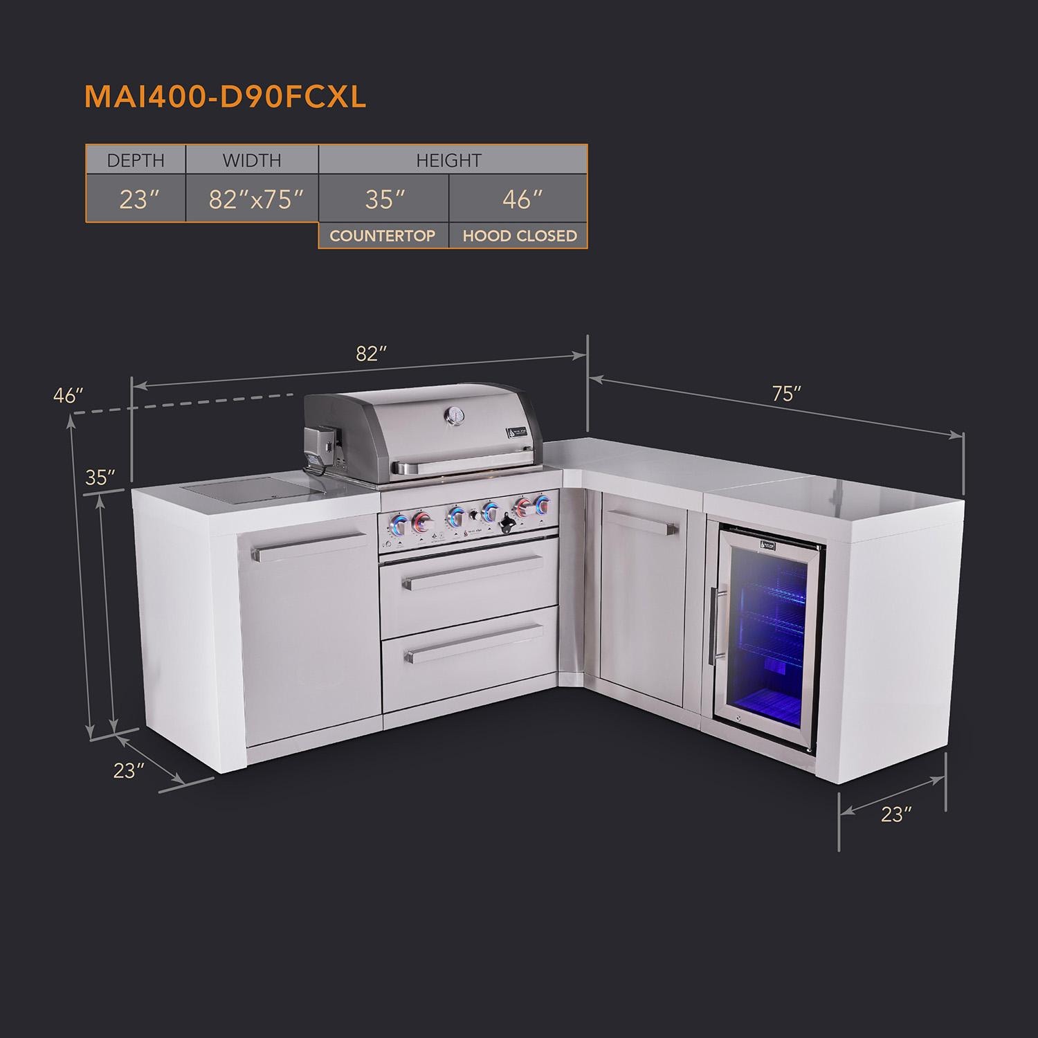 Mont Alpi Deluxe Series 7 Ft L-Shaped Natural Gas Outdoor Kitchen Island w/ 32-in Grill, Side Burner, Fridge & Extra Door (Ships Propane w/ Conversion Kit) - Dimensions - Dimensional thumbnail