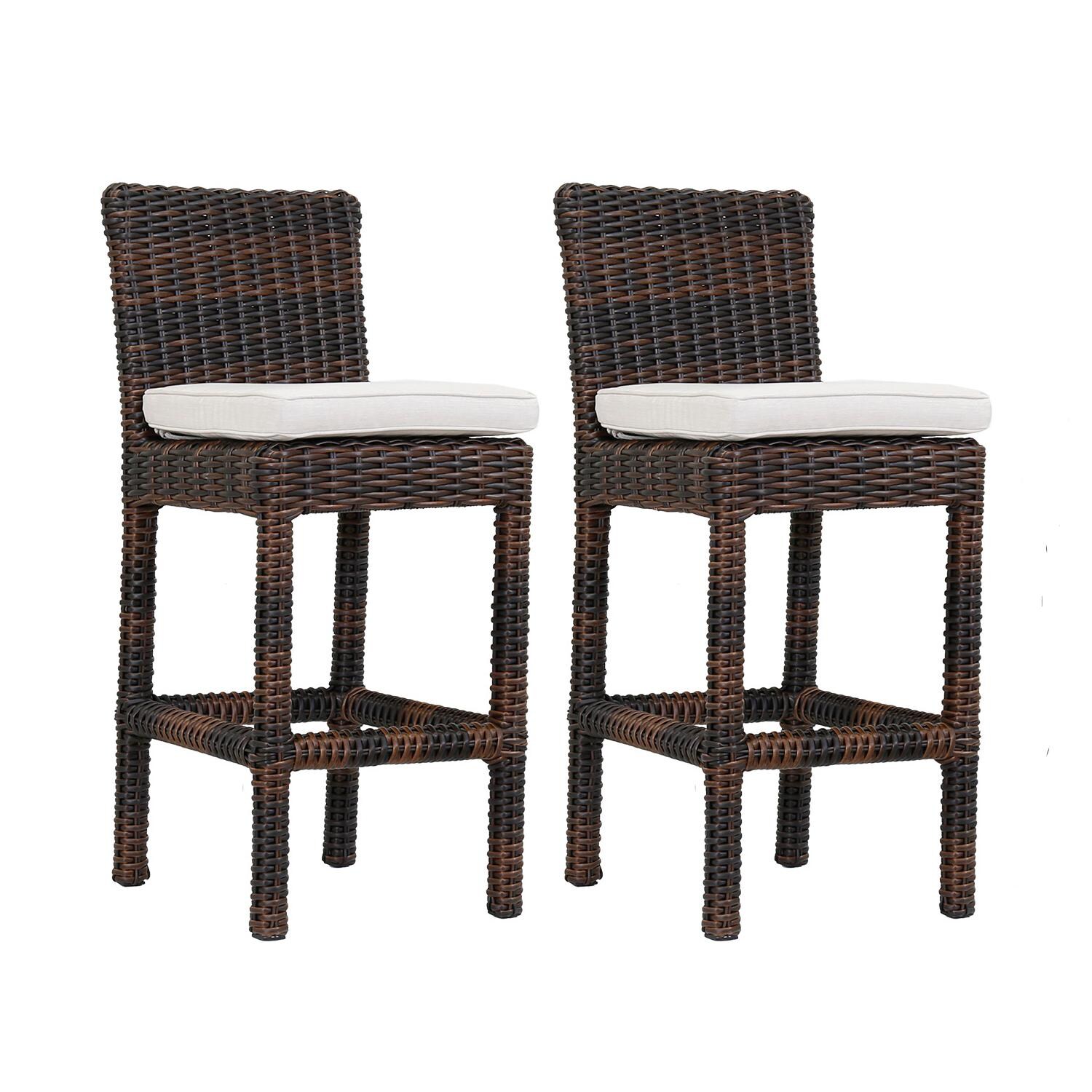 Montecito 2 Piece Wicker Patio Counter Height Bar Stool Set W/ Sunbrella Canvas Flax Cushions By Sunset West thumbnail