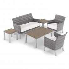 Argento 6 Piece Wicker Patio Conversation Set W/ Tekwood Vintage Tables & Eggshell White Cushions By Oxford Garden image