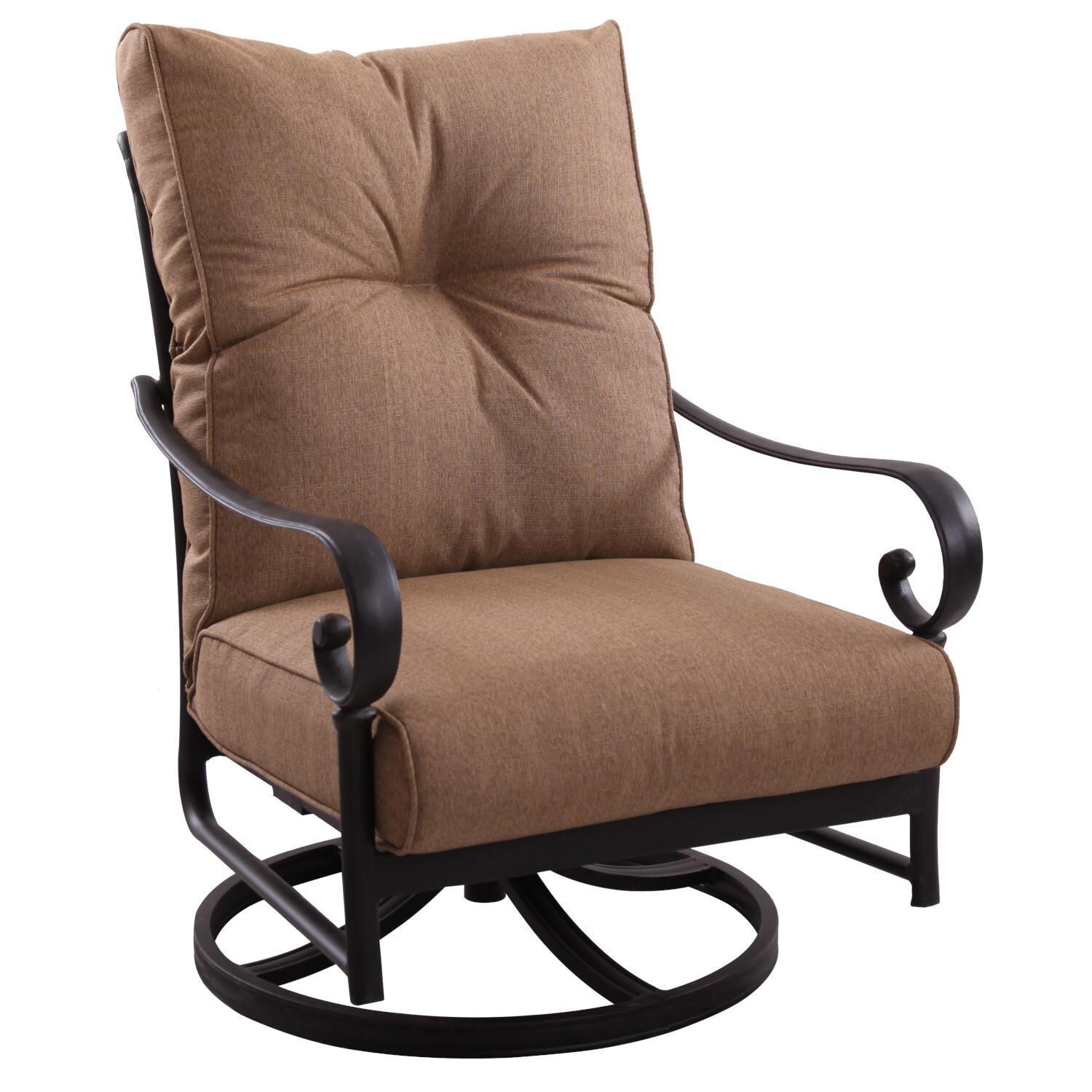 Santa Anita 7 Pc Cast Aluminum Patio Fire Pit Conversation Set w/ Sesame Sunbrella Cushions by Darlee - Swivel Rocker Club Chair - White Background thumbnail