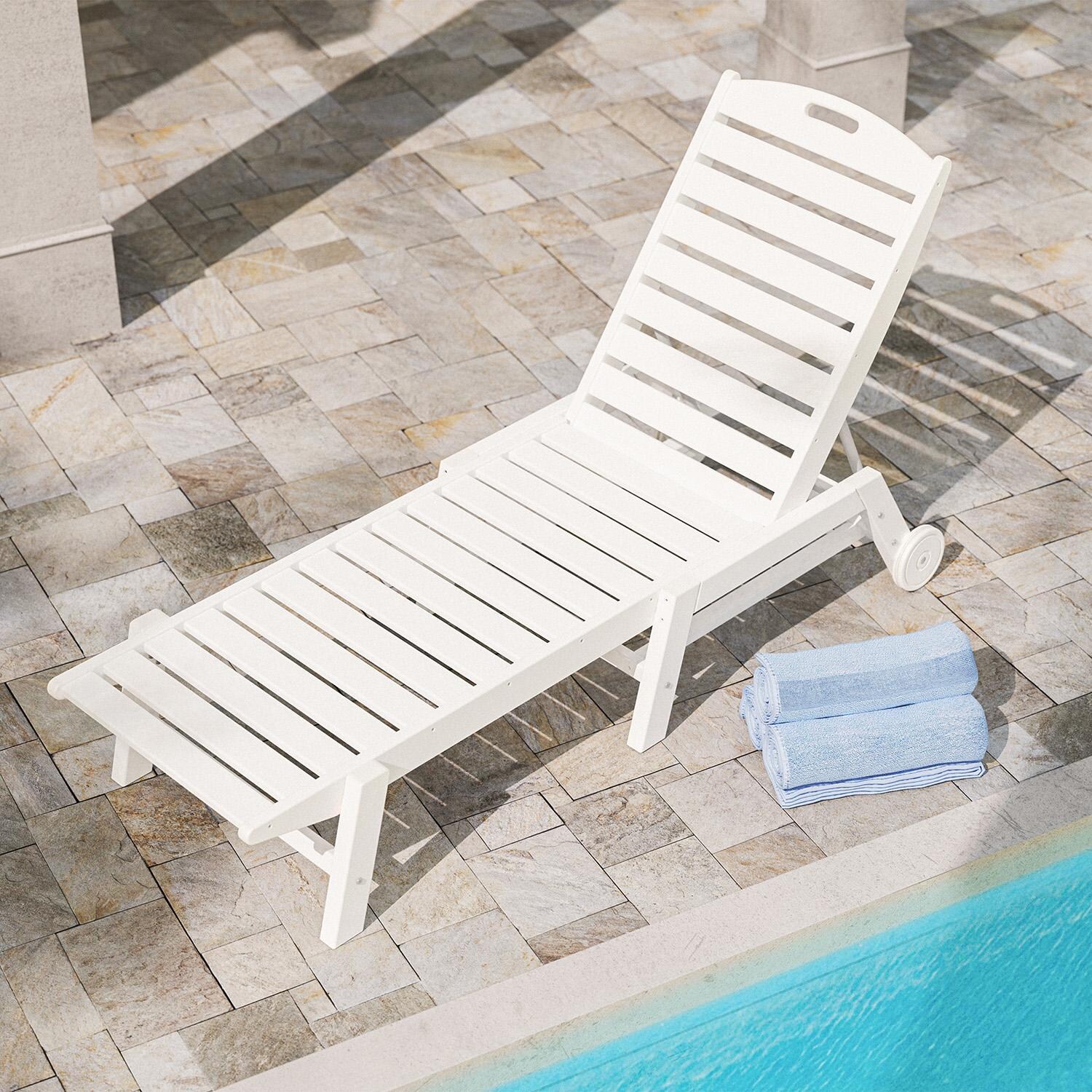 Nautical Recycled Plastic Armless Chaise Lounge w/ Wheels in White by POLYWOOD