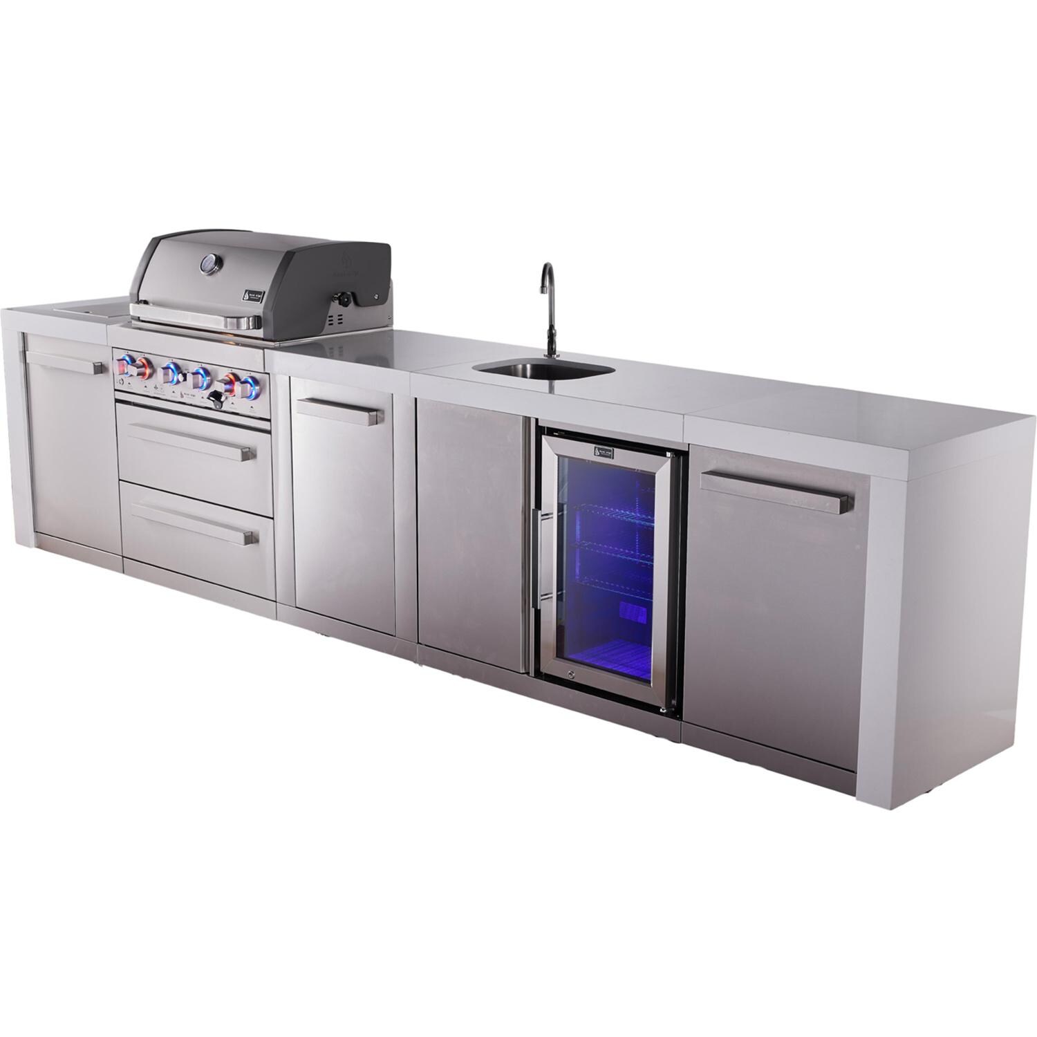 Mont Alpi Deluxe Series 12 Ft Propane Outdoor Kitchen Island w/ 32-in Grill, Side Burner, Beverage Center & Extra Door - MAi400-DBEVXL - Angled Right - White Background thumbnail