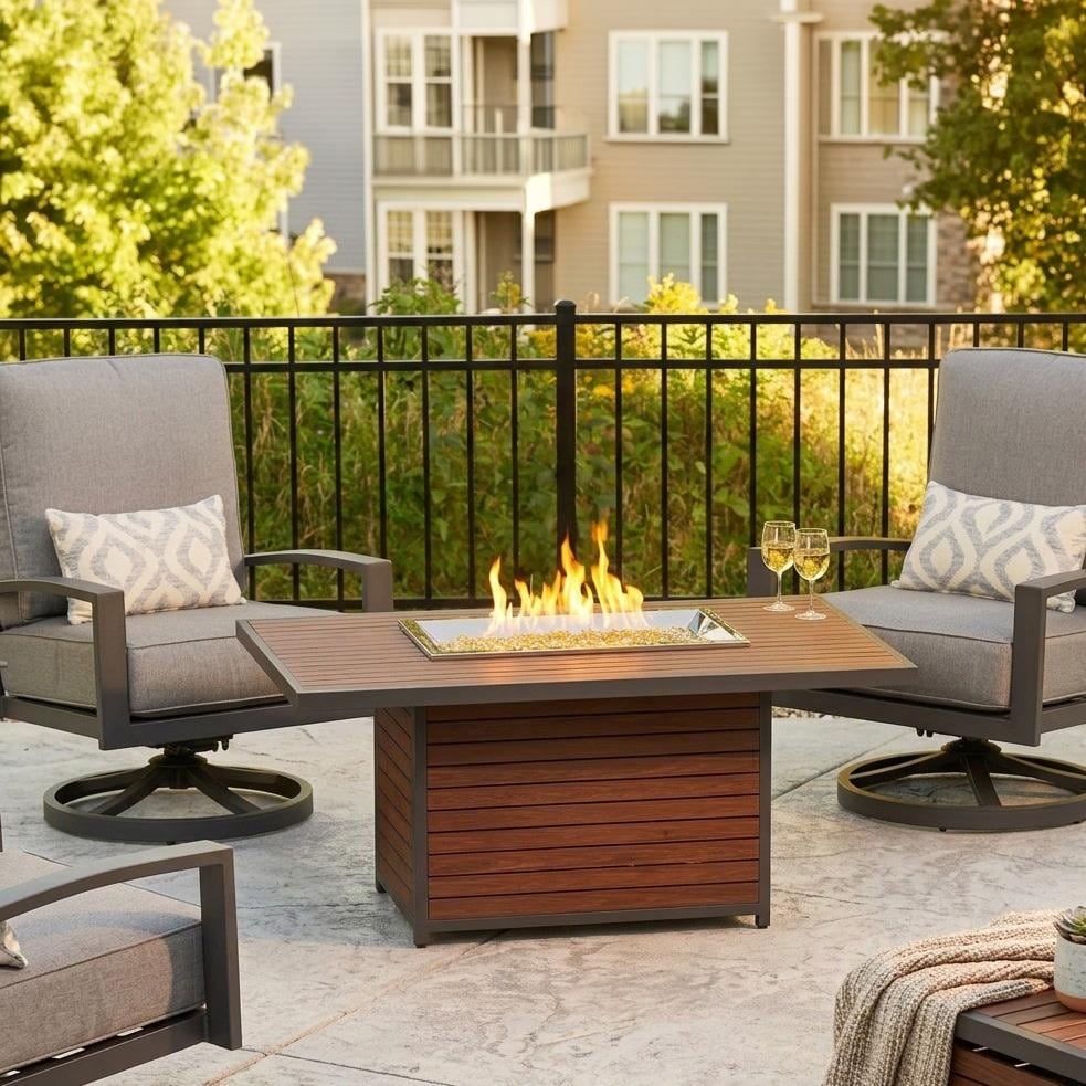 Lakeview Outdoor Designs Revere  50-Inch Rectangular Propane Gas Fire Pit Table With 24-Inch Crystal Fire Burner - On Patio - Lifestyle thumbnail