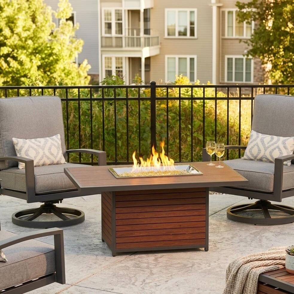Lakeview Outdoor Designs Revere 50-Inch Rectangular Propane Gas Fire Pit Table With 24-Inch Crystal Fire Burner - On Patio - Lifestyle thumbnail