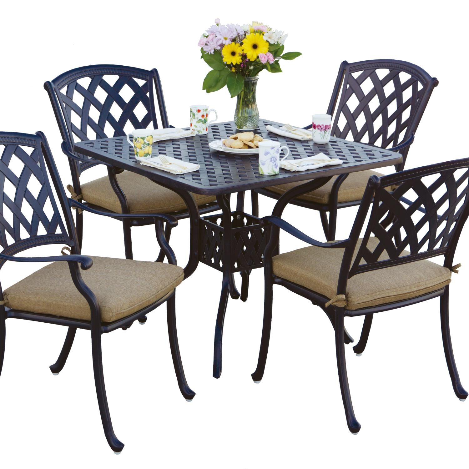 Darlee 201630-5PC-30I Ocean View 5 Piece Cast Aluminum Patio Dining Set W/ 36 Inch Square Table & Sesame Cushions thumbnail