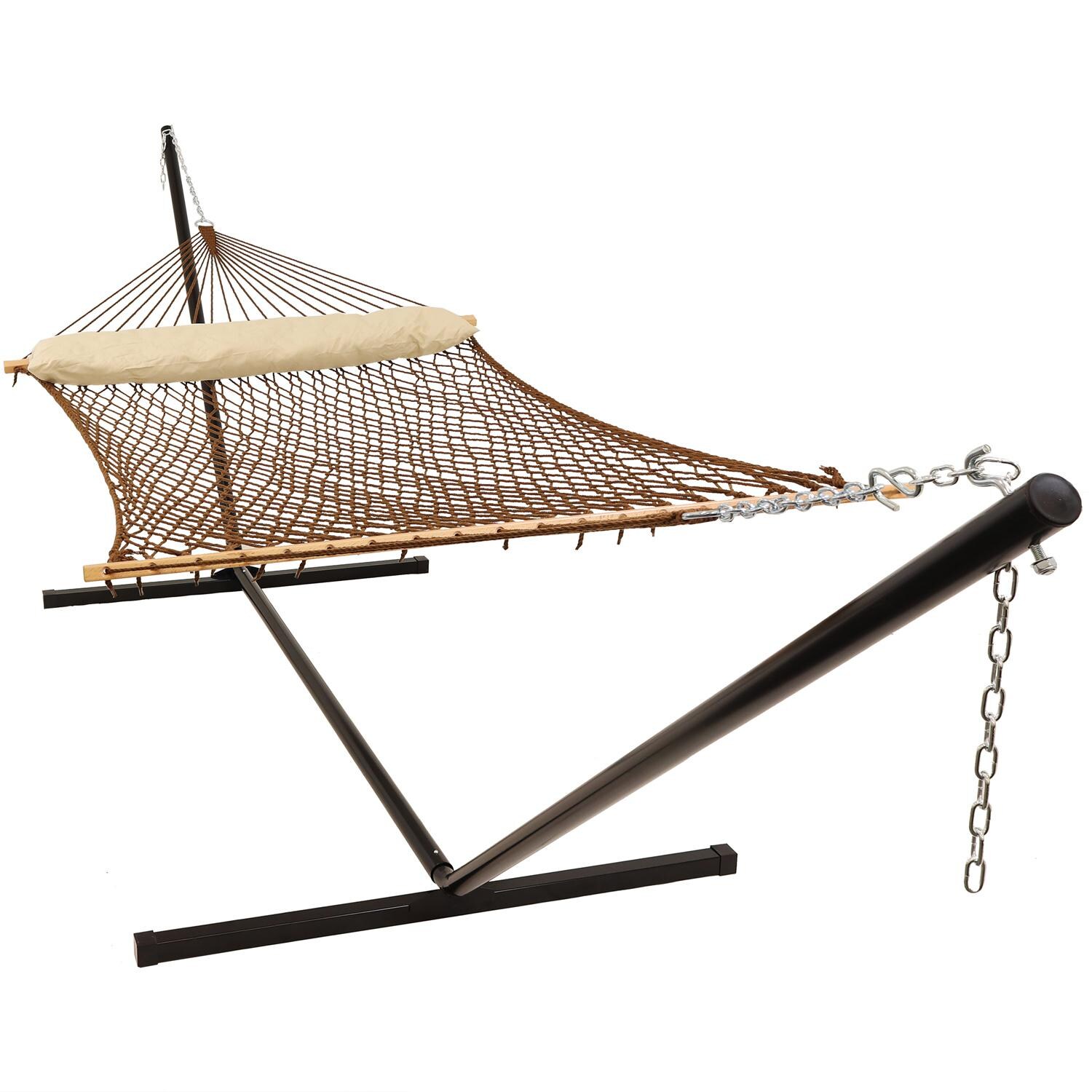 Sunnydaze Decor Classic Double Rope Hammock & Pillow w/ 15-Foot Bronze Stand - Brown - LY-PDRH-BRN-COMBO image
