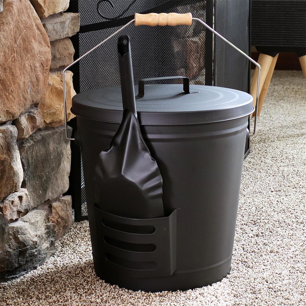 Ultimate Patio Steel Fireplace Ash Bucket w/ Lid, Shovel & Brush - Side View thumbnail