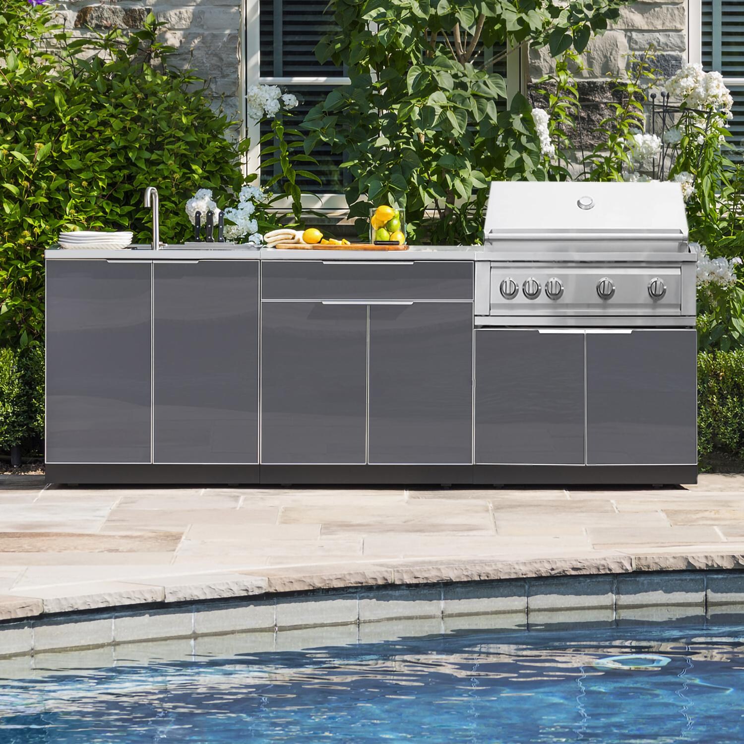 NewAge Outdoor Kitchen 4 Piece Set With 33-Inch Insert Grill Cabinet, Sink, And Bar Center - Slate Gray - 65258 thumbnail