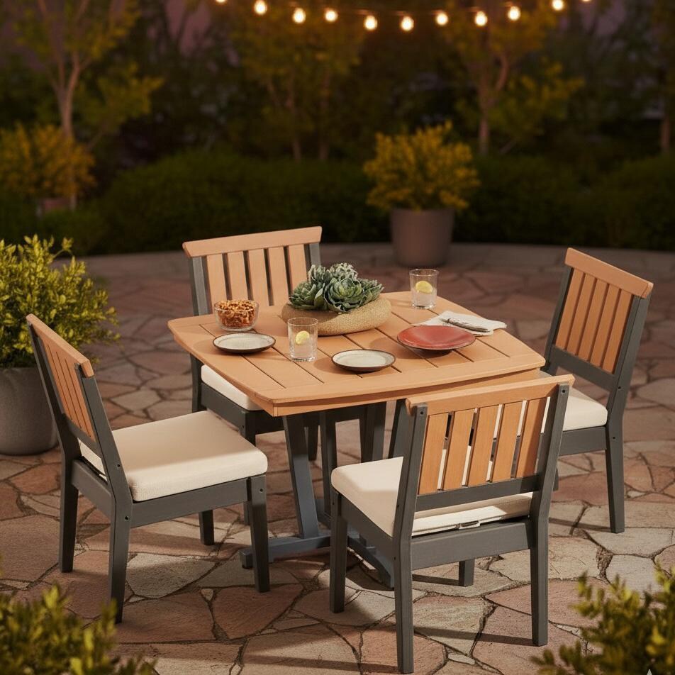 Lakeview Outdoor Designs LV-257-5SC Sabine Landing 5 Pc Polyresin Dining Set w/ Armless Chairs in Gray - On Patio - Lifestyle thumbnail
