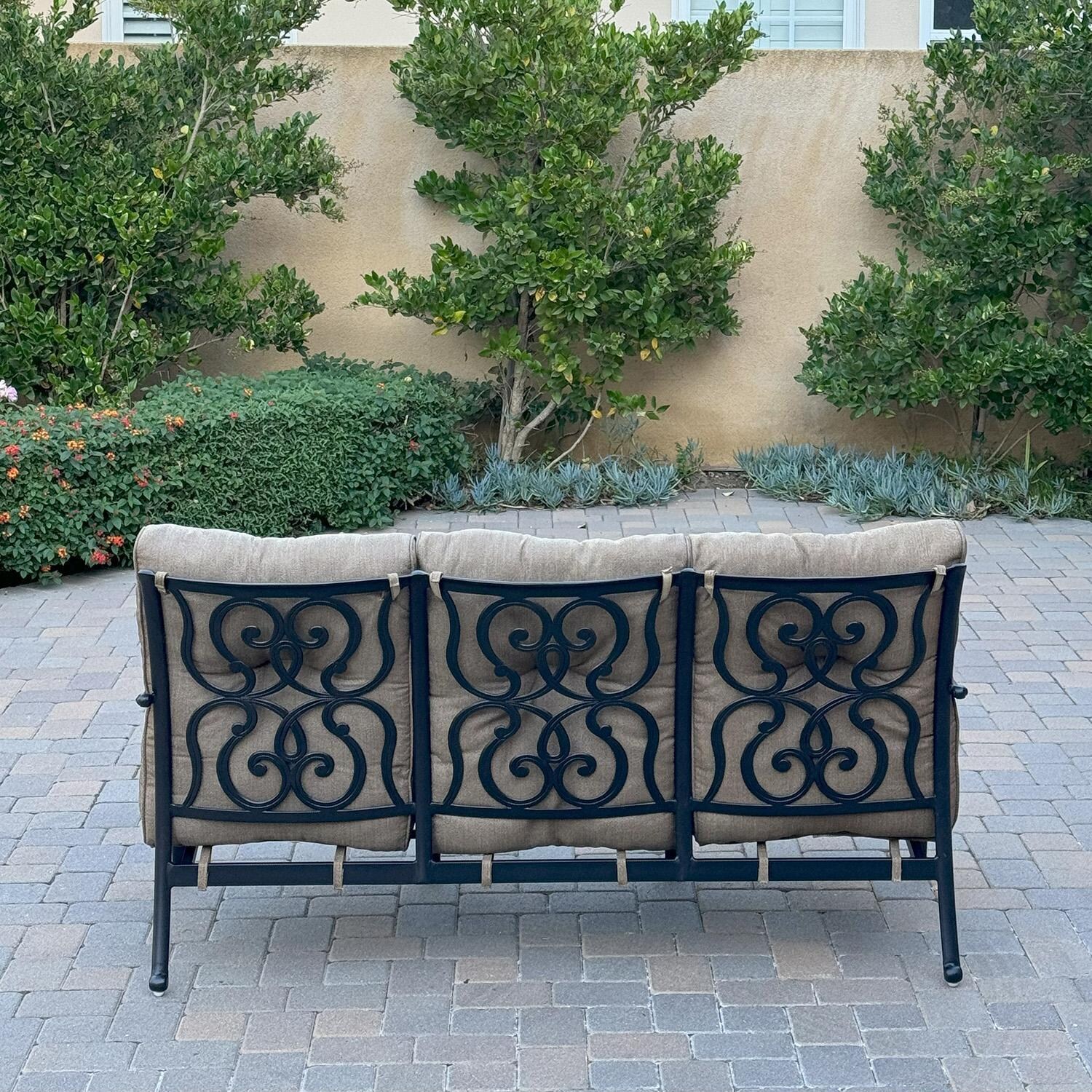 Santa Anita 2 Pc Cast Aluminum Seating Set w/48-in Table in Antique Bronze/Heather Beige by Darlee - Sofa Back View - Lifestyle thumbnail