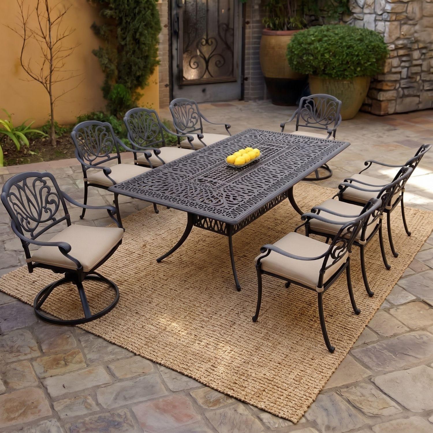 Darlee Elisabeth 9 Pc Cast Aluminum Dining Set w/ 84 X 44 Inch Table & Swivel Rocker in Antique Bronze/Beige Canvas by - B/DL707-9PC-707XL