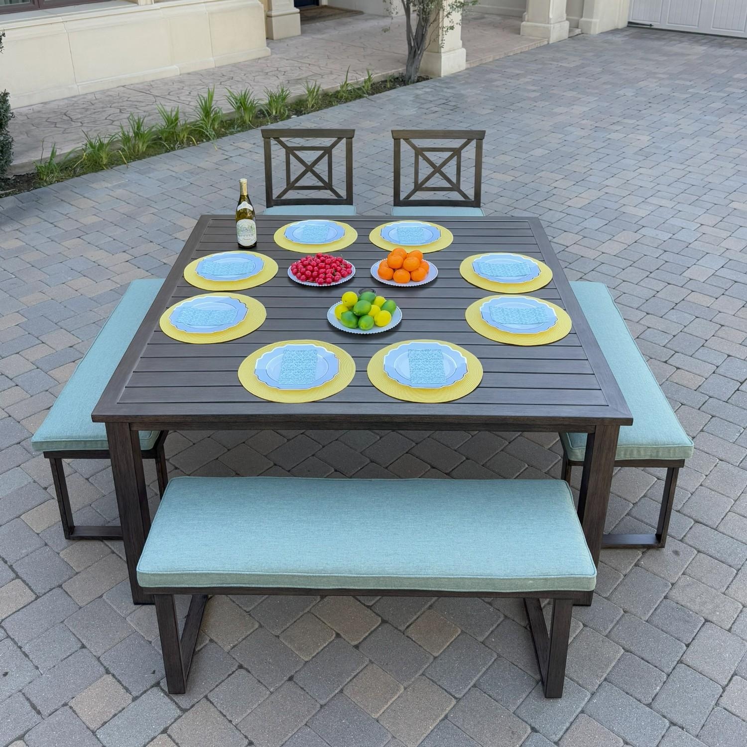 Atlantis 6 Pc Aluminum Dining Set w/ 2 Dining Side Chairs & 3 Two Person Benches in Walnut/Spa by Darlee